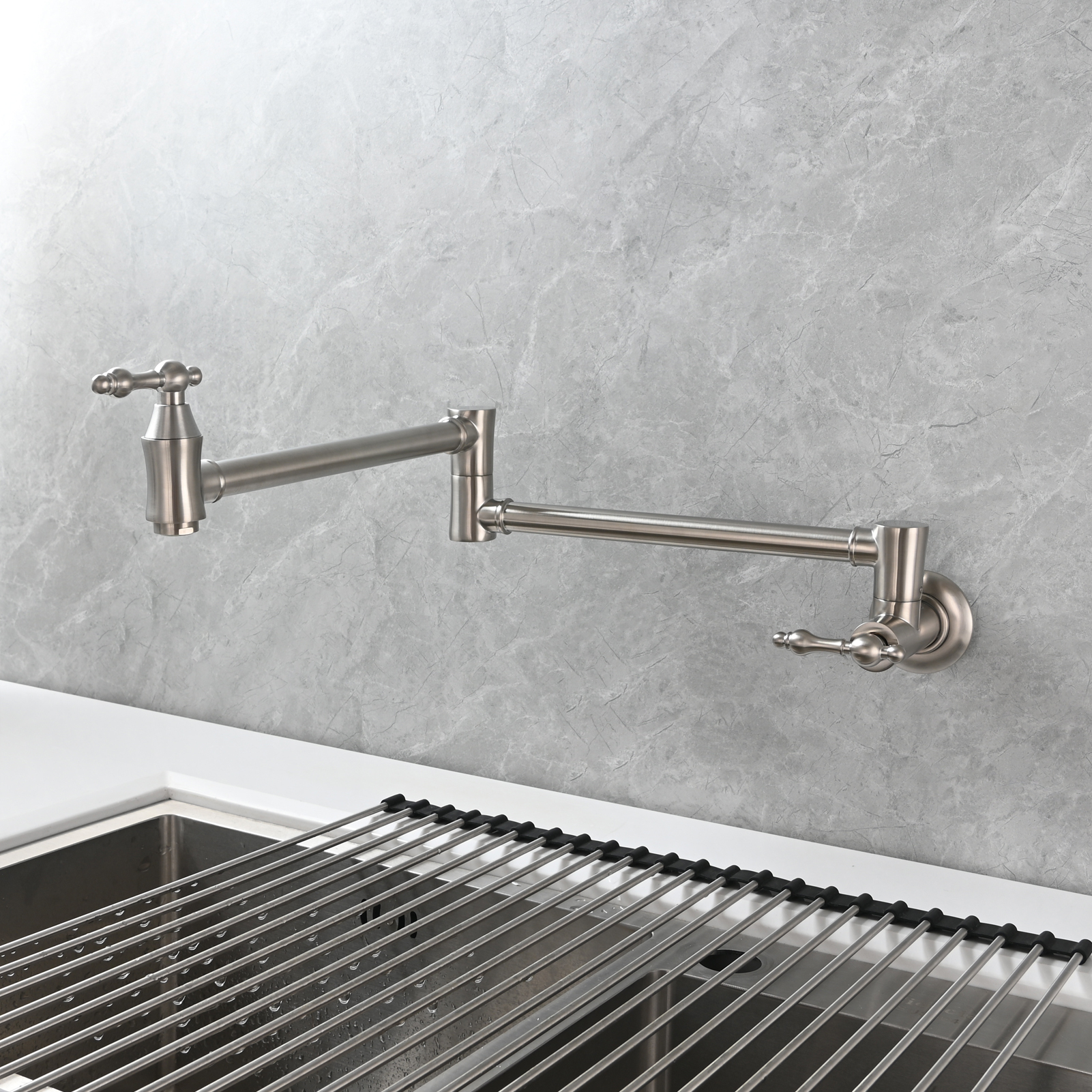 Tecmolog Brass Pot Filler Faucet Wall Mount Kitchen Faucet,Chrome Folding Faucet Stretchable Double Joint Swing Arm