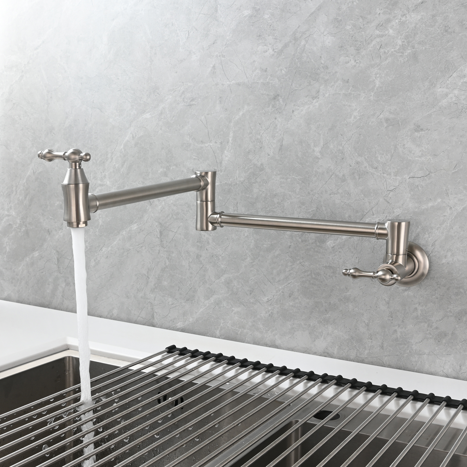 Tecmolog Brass Pot Filler Faucet Wall Mount Kitchen Faucet,Chrome Folding Faucet Stretchable Double Joint Swing Arm