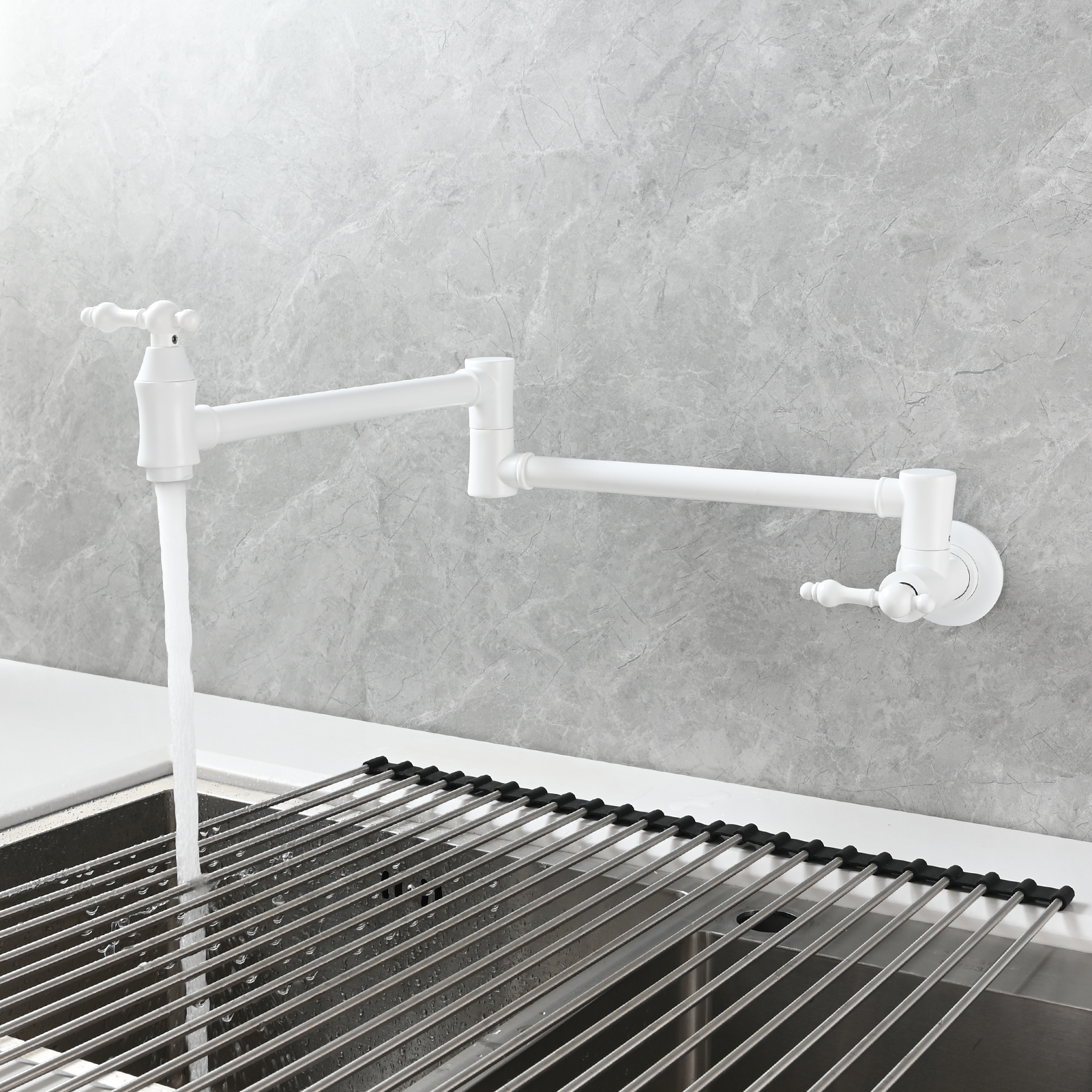 Tecmolog Brass Pot Filler Faucet Wall Mount Kitchen Faucet,Chrome Folding Faucet Stretchable Double Joint Swing Arm