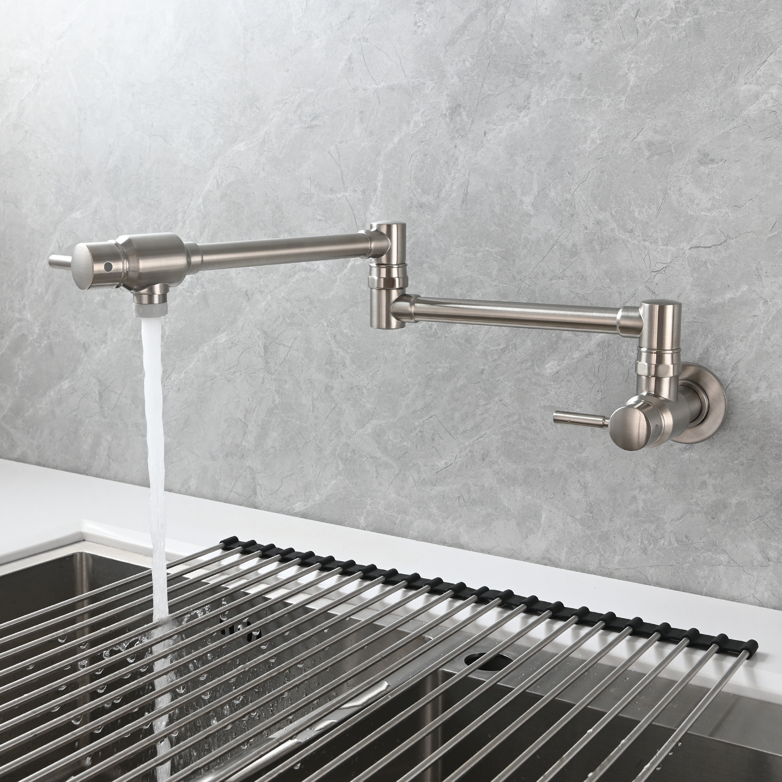 Tecmolog Brass Chrome Single Cold Faucet,Modern Wall Mounted Folding Pot Filler Kitchen Faucet