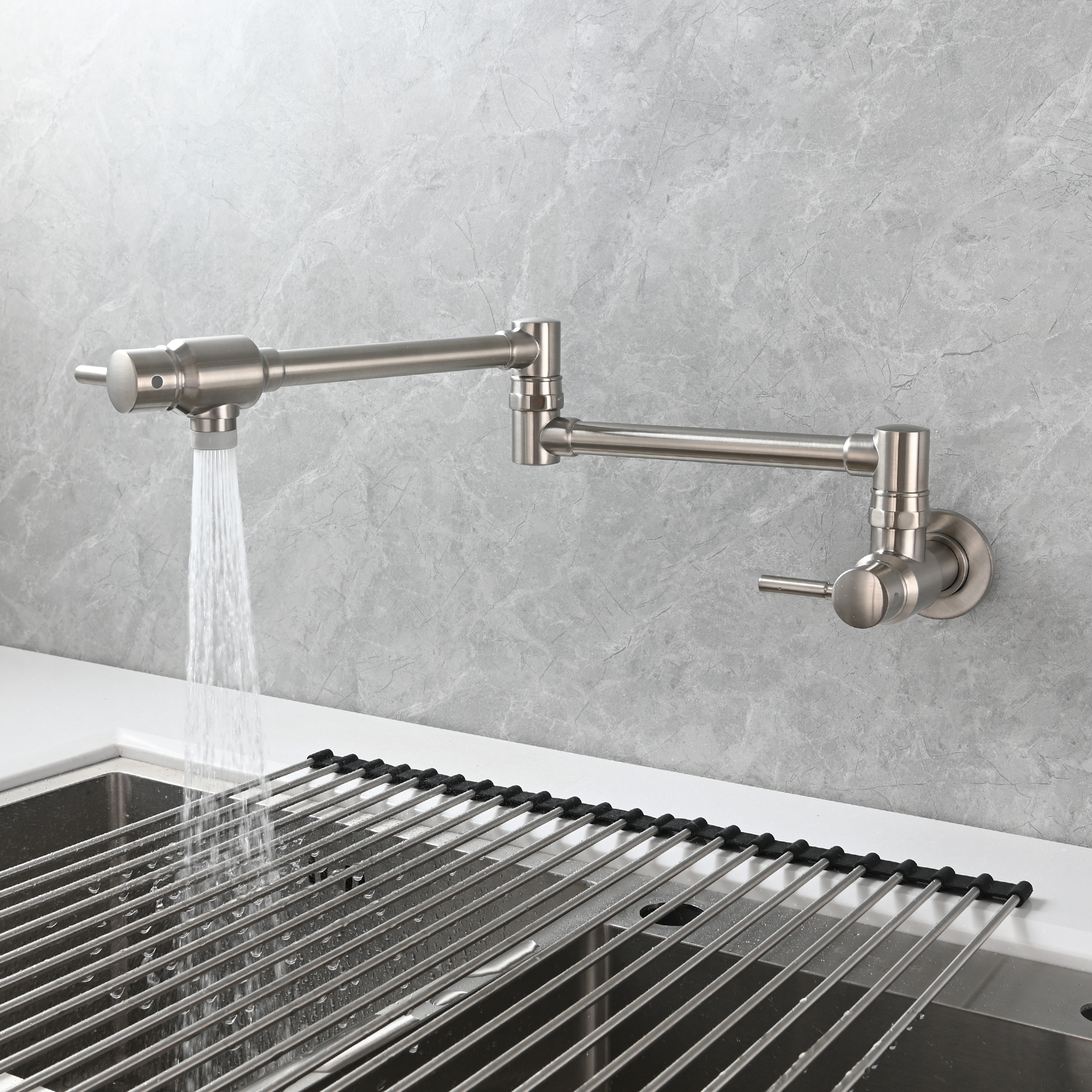 Tecmolog Brass Chrome Single Cold Faucet,Modern Wall Mounted Folding Pot Filler Kitchen Faucet