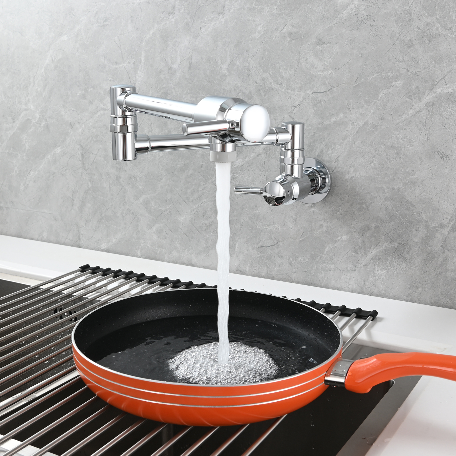 Tecmolog Brass Chrome Single Cold Faucet,Modern Wall Mounted Folding Pot Filler Kitchen Faucet