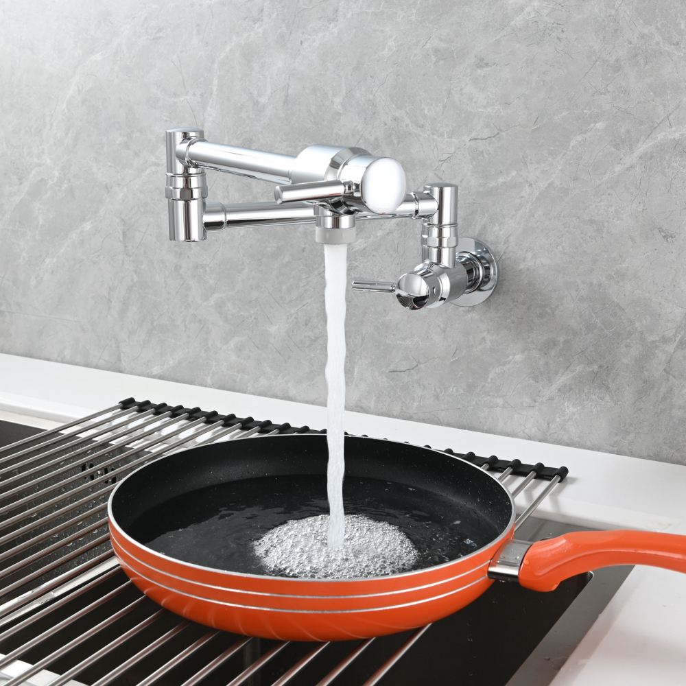 Tecmolog Brass Chrome Single Cold Faucet,Modern Wall Mounted Folding Pot Filler Kitchen Faucet