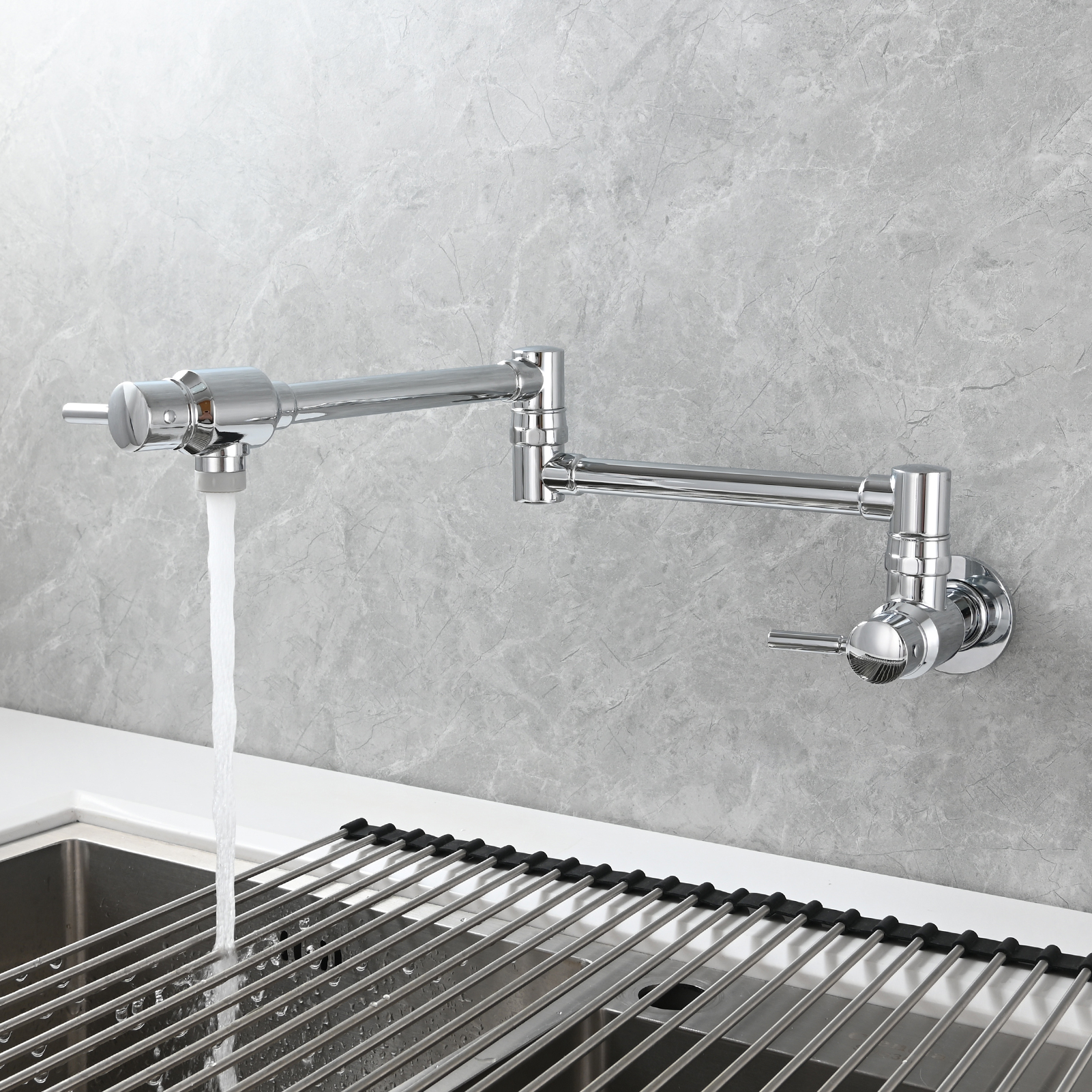 Tecmolog Brass Chrome Single Cold Faucet,Modern Wall Mounted Folding Pot Filler Kitchen Faucet