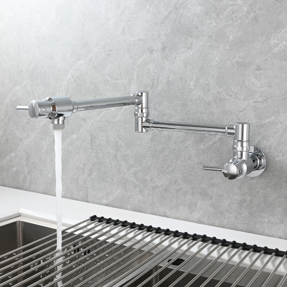Tecmolog Brass Chrome Single Cold Faucet,Modern Wall Mounted Folding Pot Filler Kitchen Faucet