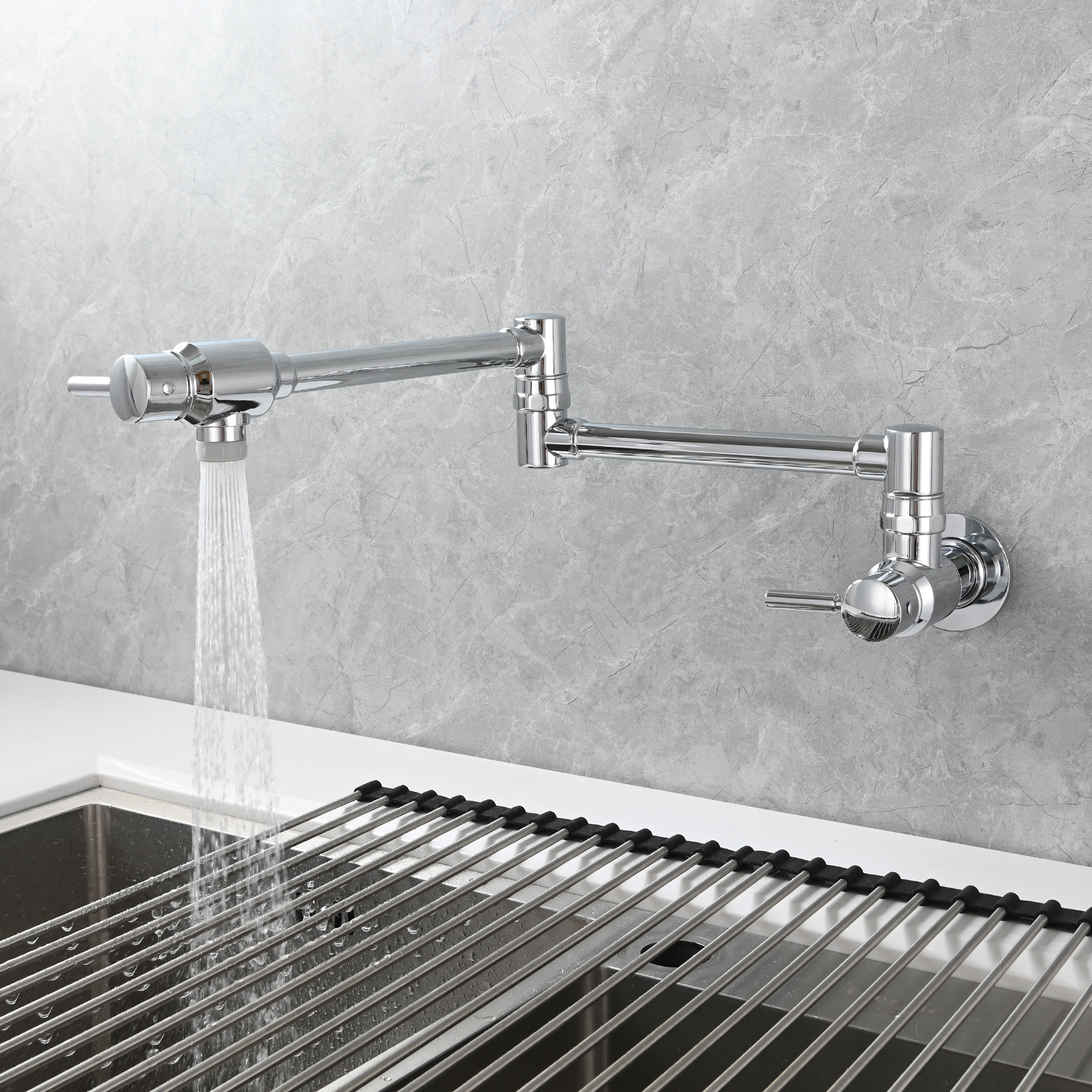 Tecmolog Brass Chrome Single Cold Faucet,Modern Wall Mounted Folding Pot Filler Kitchen Faucet