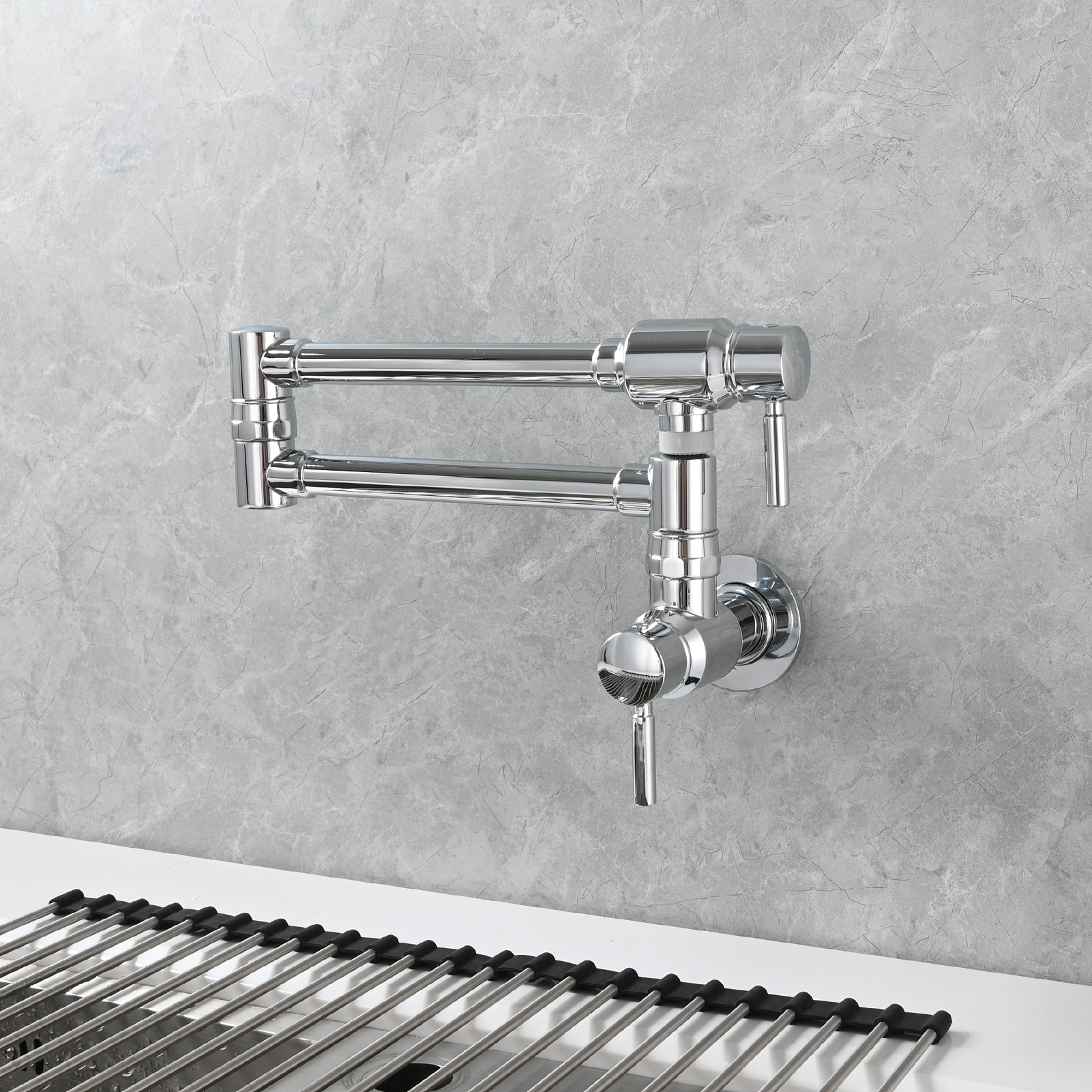Tecmolog Brass Chrome Single Cold Faucet,Modern Wall Mounted Folding Pot Filler Kitchen Faucet