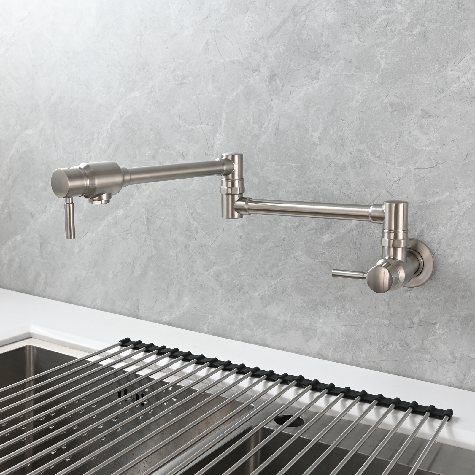 Tecmolog Brass Chrome Single Cold Faucet,Modern Wall Mounted Folding Pot Filler Kitchen Faucet