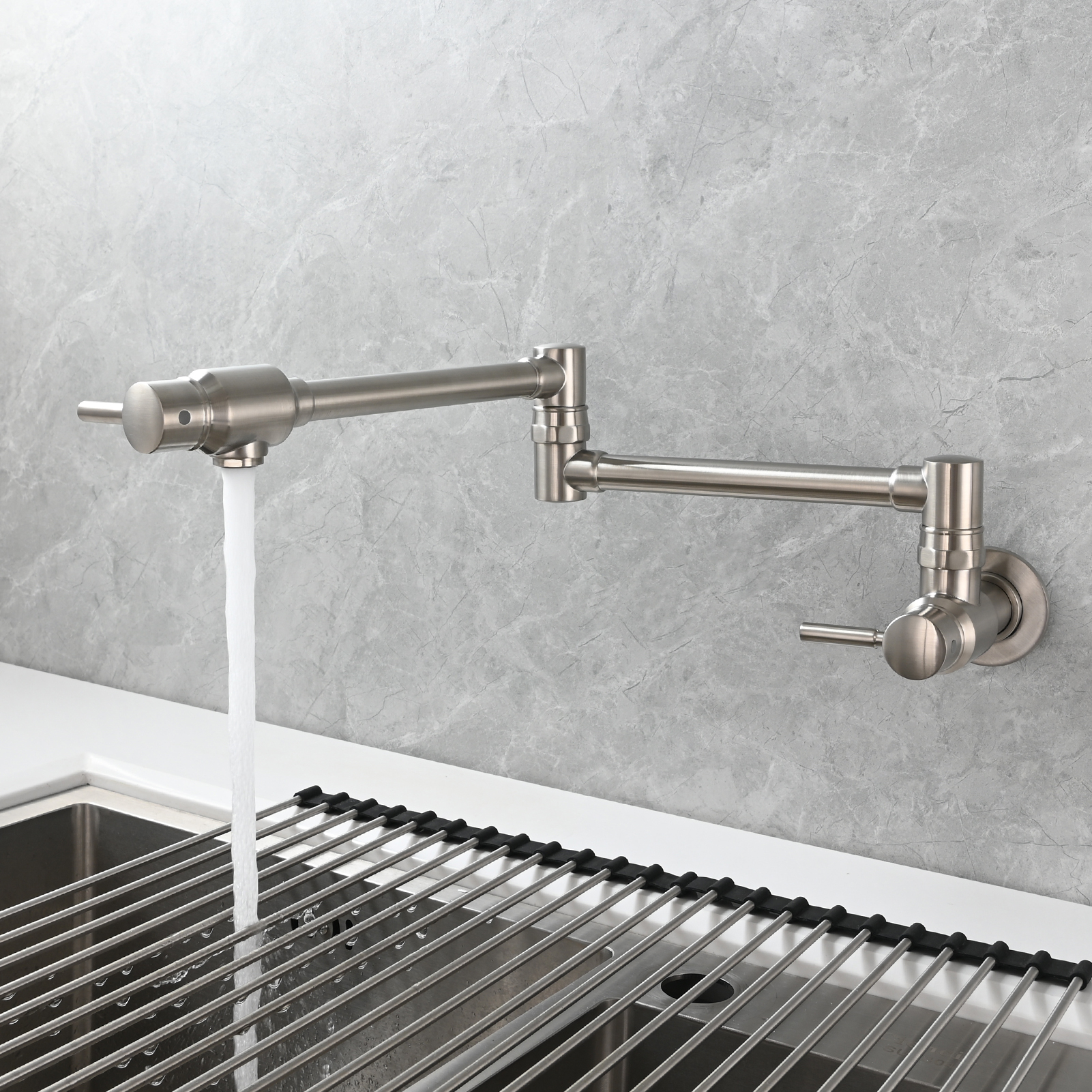 Tecmolog Brass Chrome Single Cold Faucet,Modern Wall Mounted Folding Pot Filler Kitchen Faucet