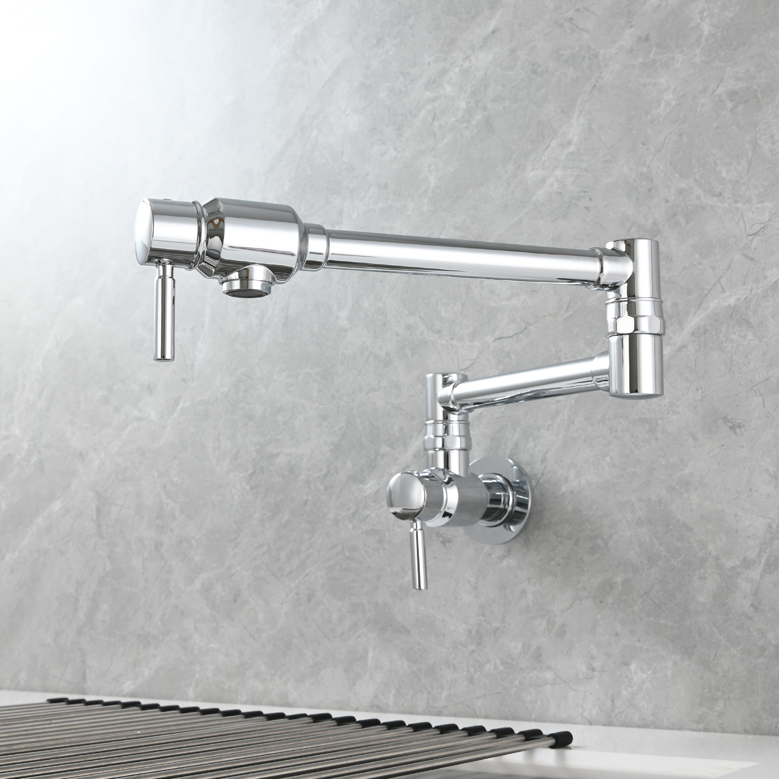 Tecmolog Brass Chrome Single Cold Faucet,Modern Wall Mounted Folding Pot Filler Kitchen Faucet