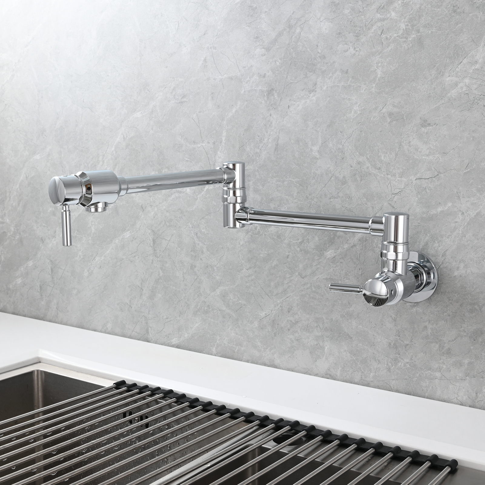 Tecmolog Brass Chrome Single Cold Faucet,Modern Wall Mounted Folding Pot Filler Kitchen Faucet