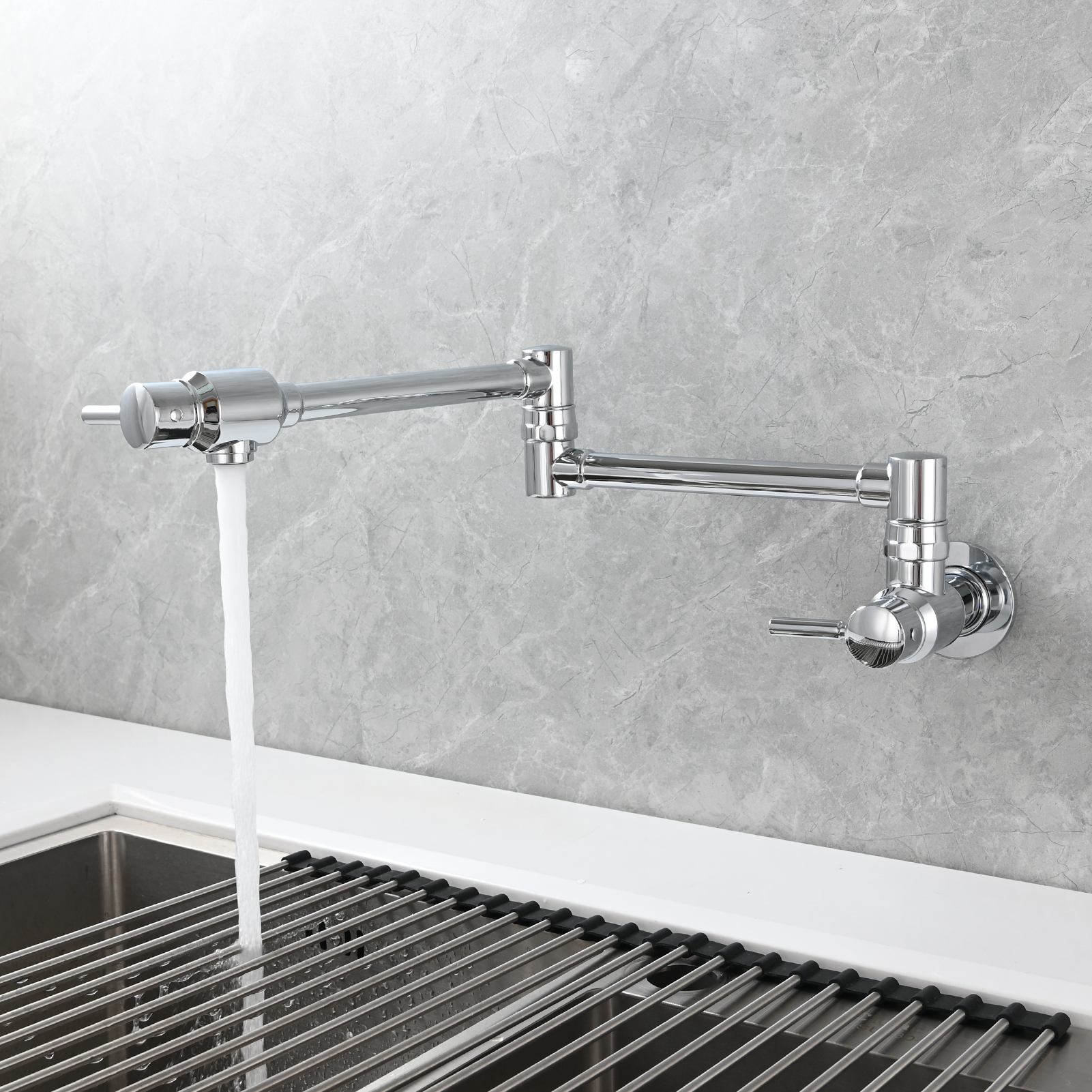 Tecmolog Brass Chrome Single Cold Faucet,Modern Wall Mounted Folding Pot Filler Kitchen Faucet