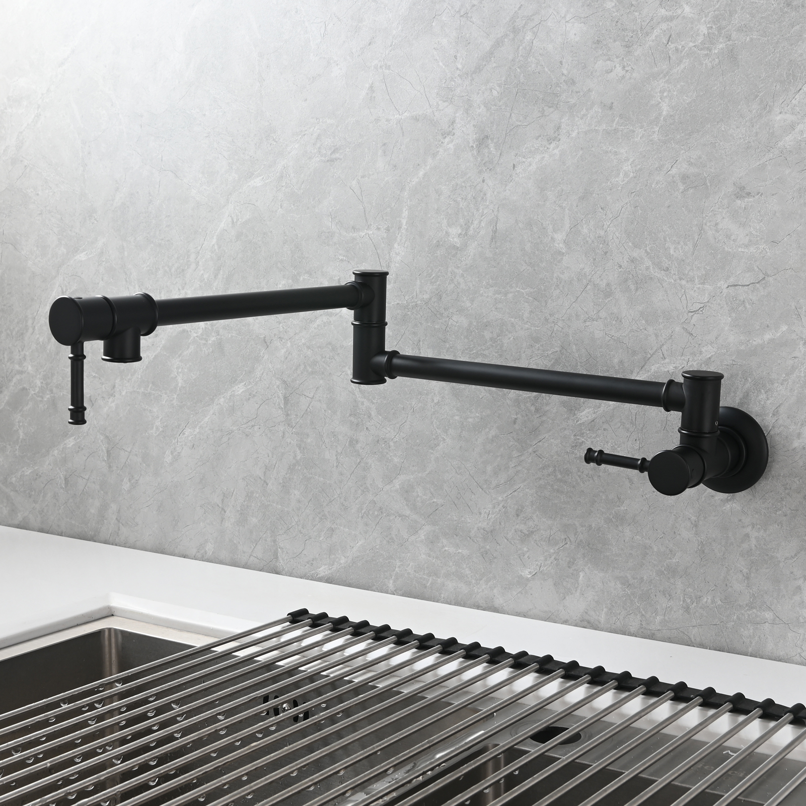 Tecmolog Brass Pot Filler Faucet Wall Mount Kitchen Folding Faucet Double Joint Swing Arms