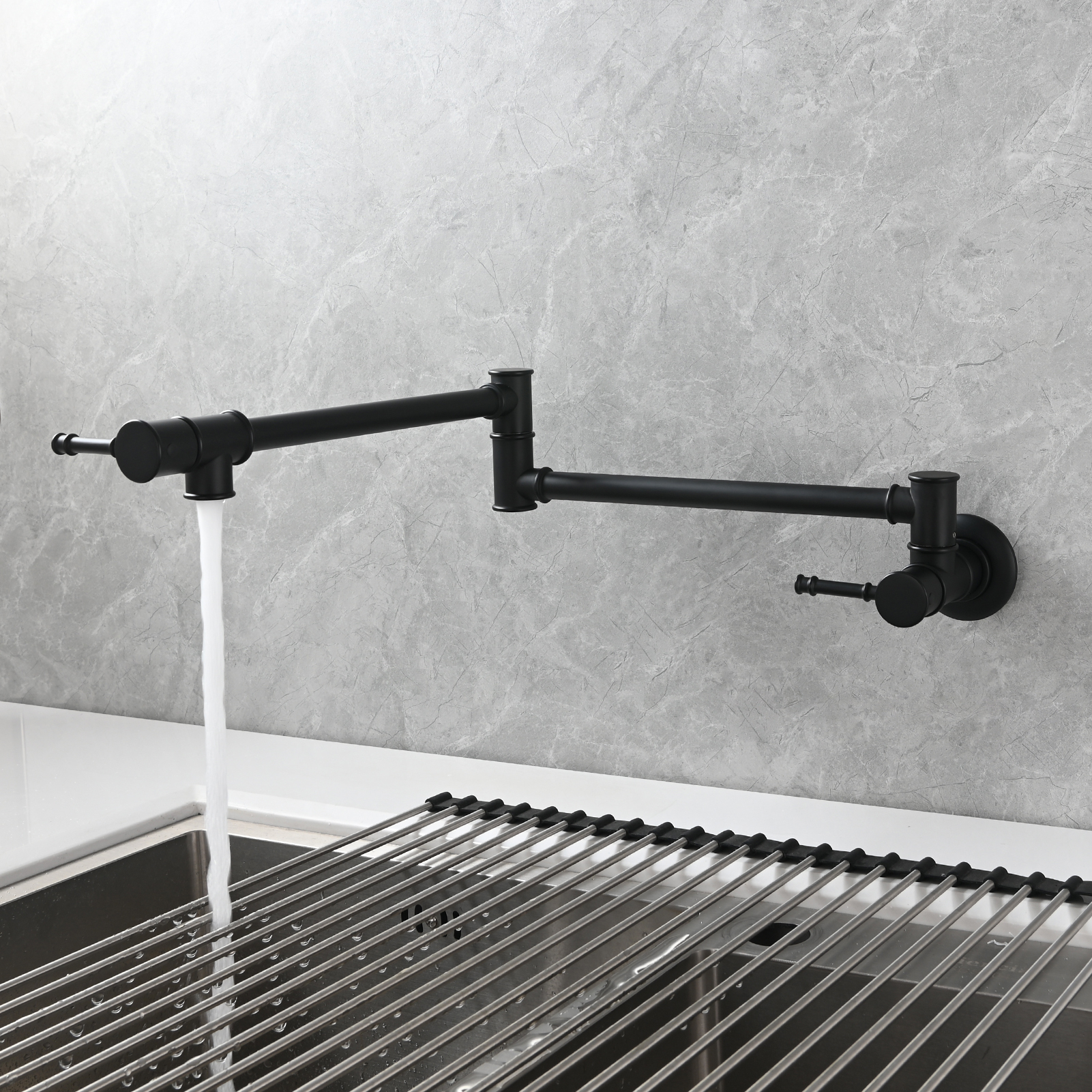 Tecmolog Brass Pot Filler Faucet Wall Mount Kitchen Folding Faucet Double Joint Swing Arms