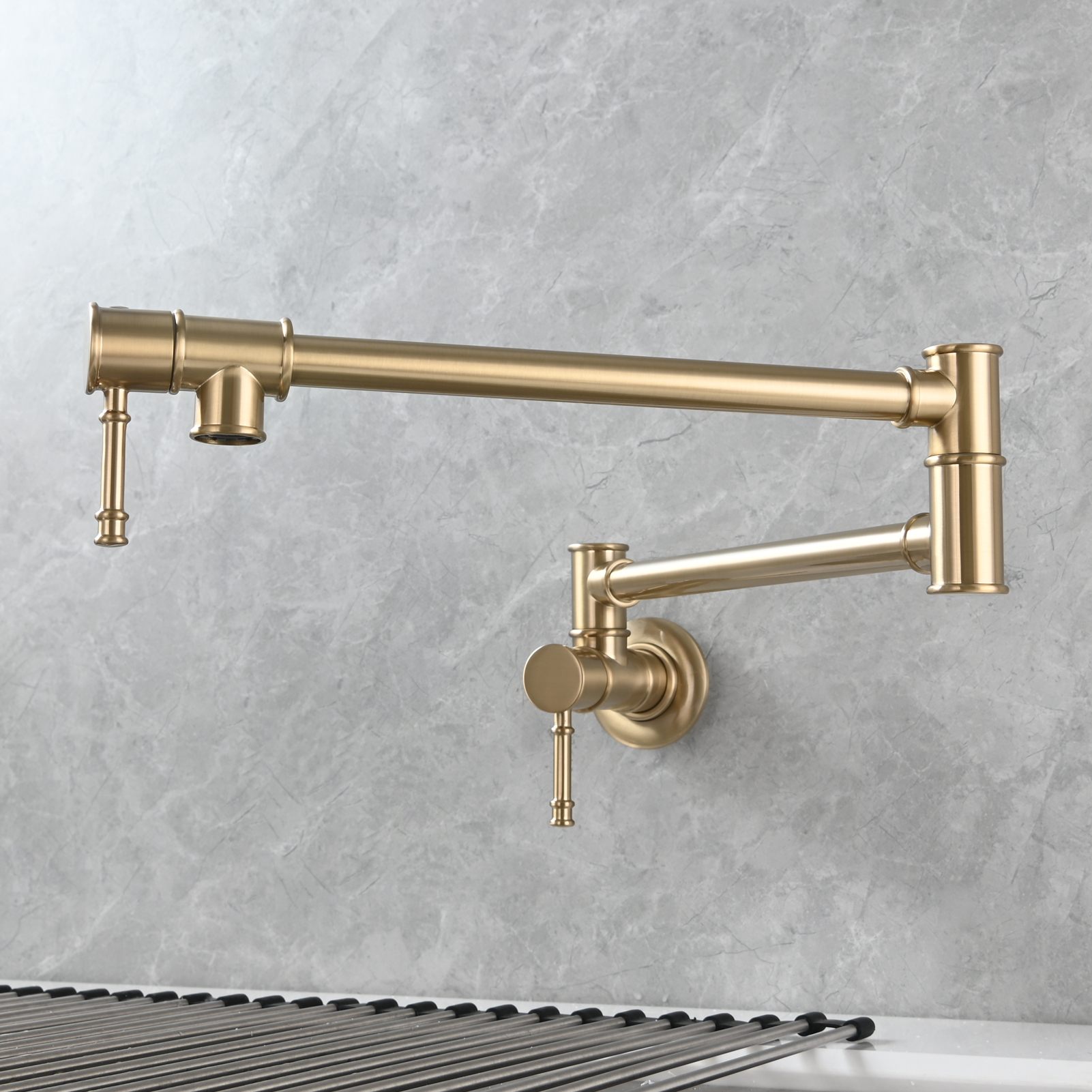 Tecmolog Brass Pot Filler Faucet Wall Mount Kitchen Folding Faucet Double Joint Swing Arms