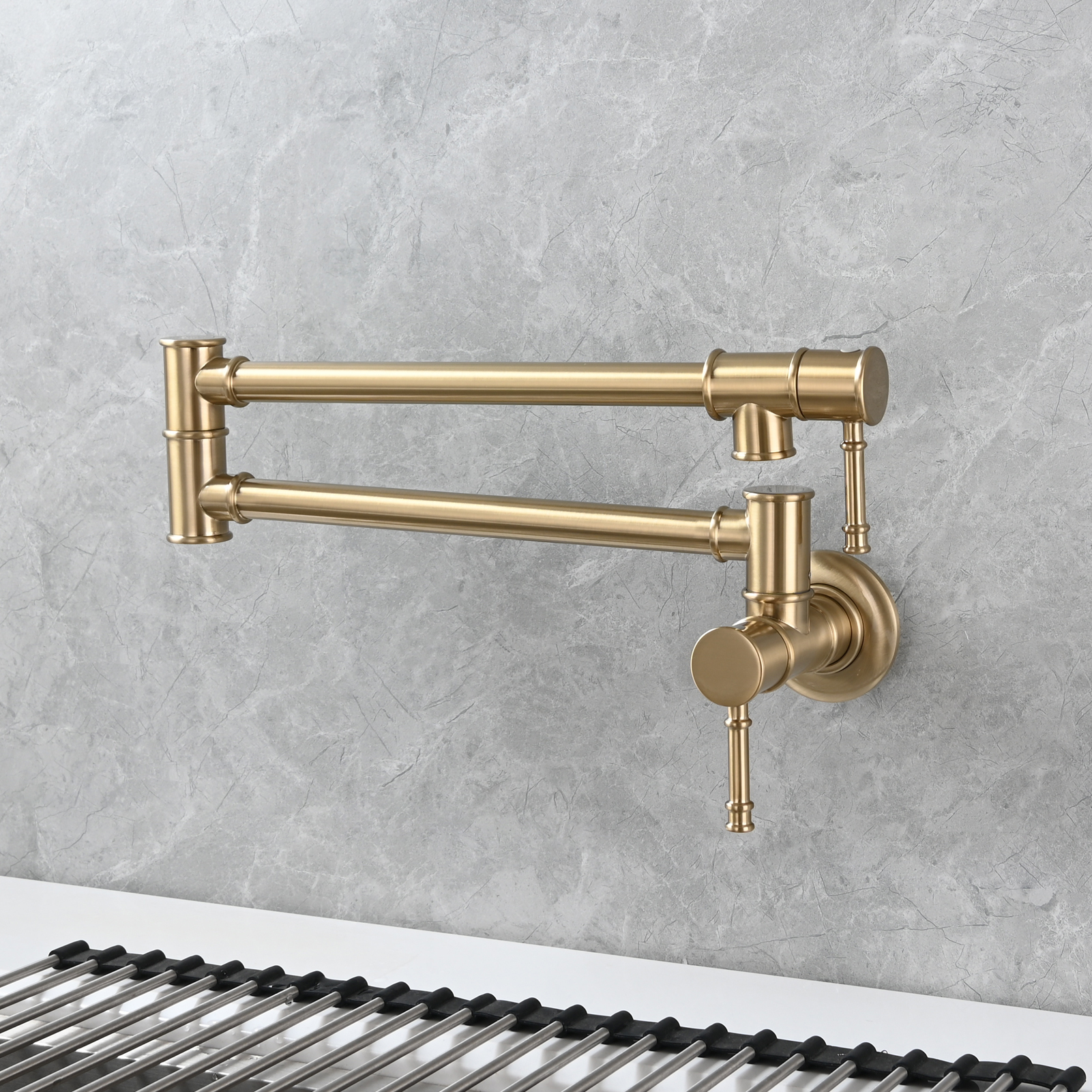 Tecmolog Brass Pot Filler Faucet Wall Mount Kitchen Folding Faucet Double Joint Swing Arms