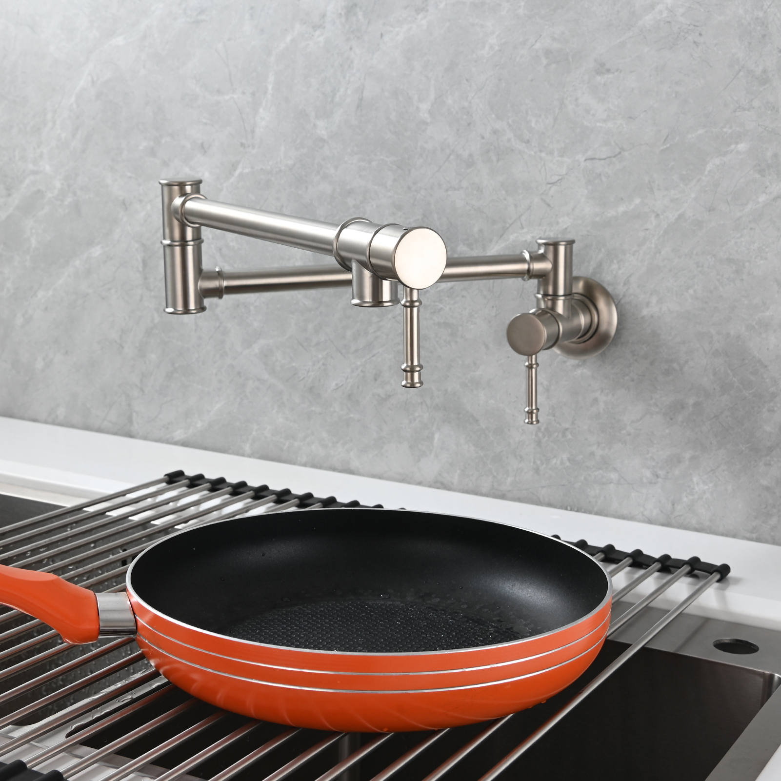 Tecmolog Brass Pot Filler Faucet Wall Mount Kitchen Folding Faucet Double Joint Swing Arms