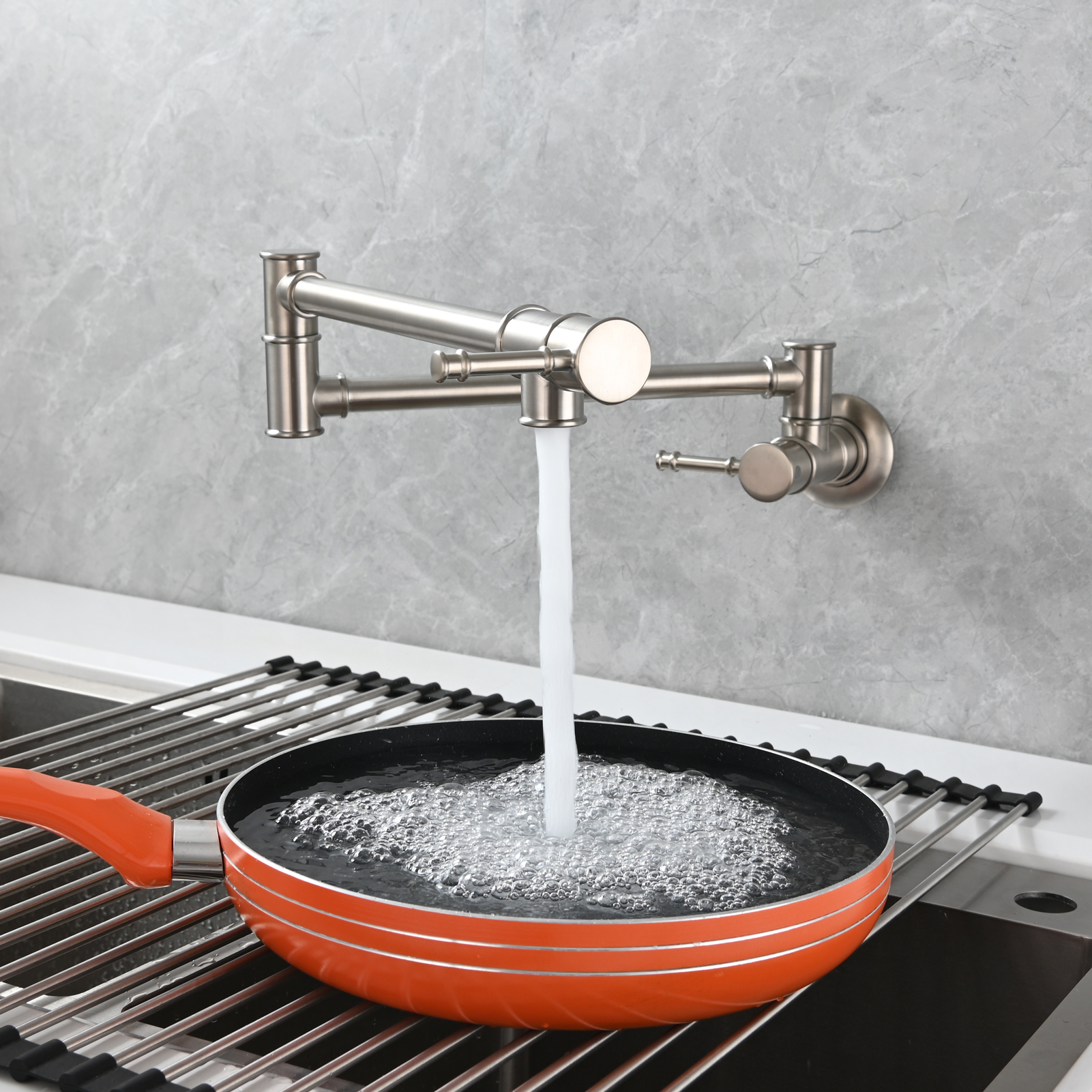 Tecmolog Brass Pot Filler Faucet Wall Mount Kitchen Folding Faucet Double Joint Swing Arms