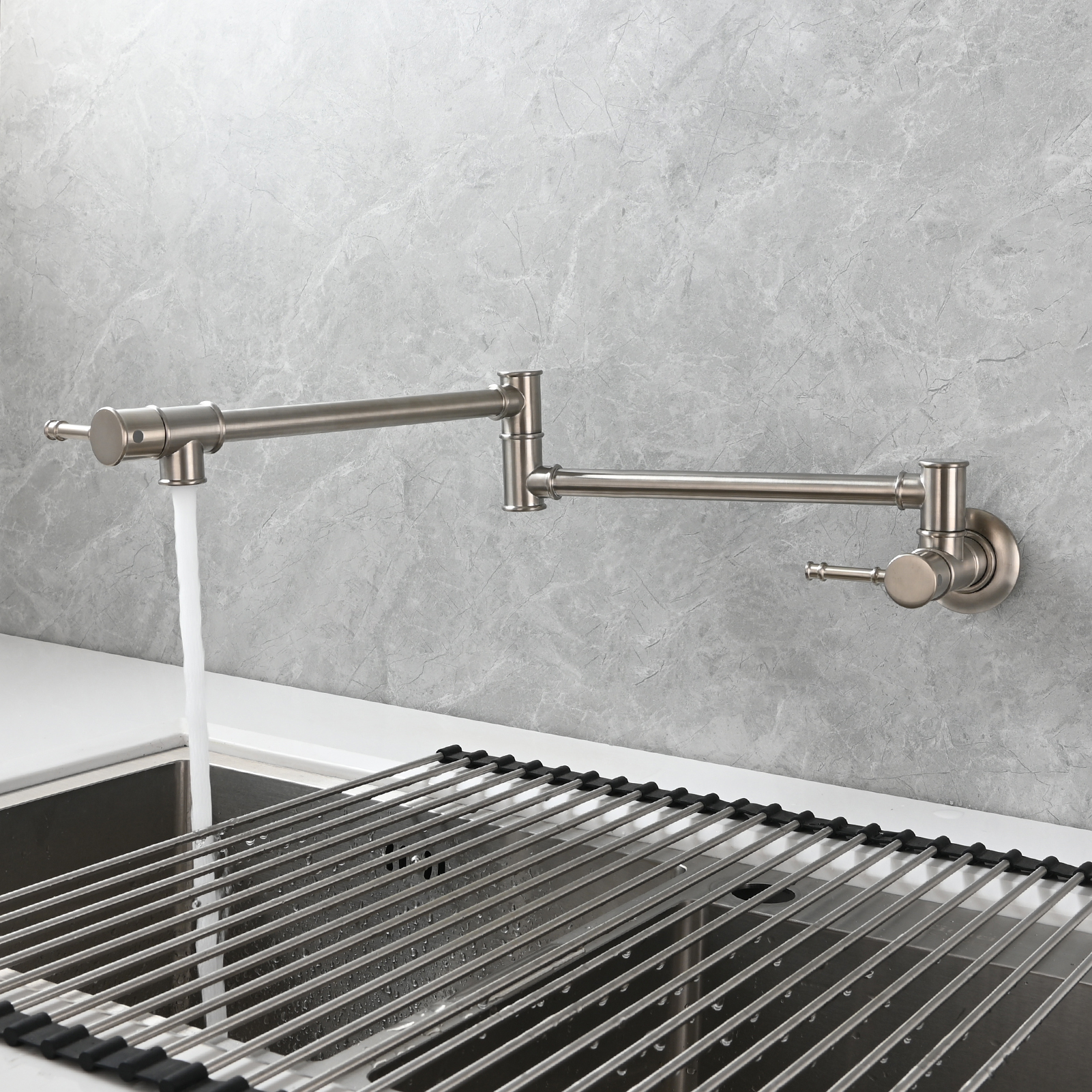 Tecmolog Brass Pot Filler Faucet Wall Mount Kitchen Folding Faucet Double Joint Swing Arms