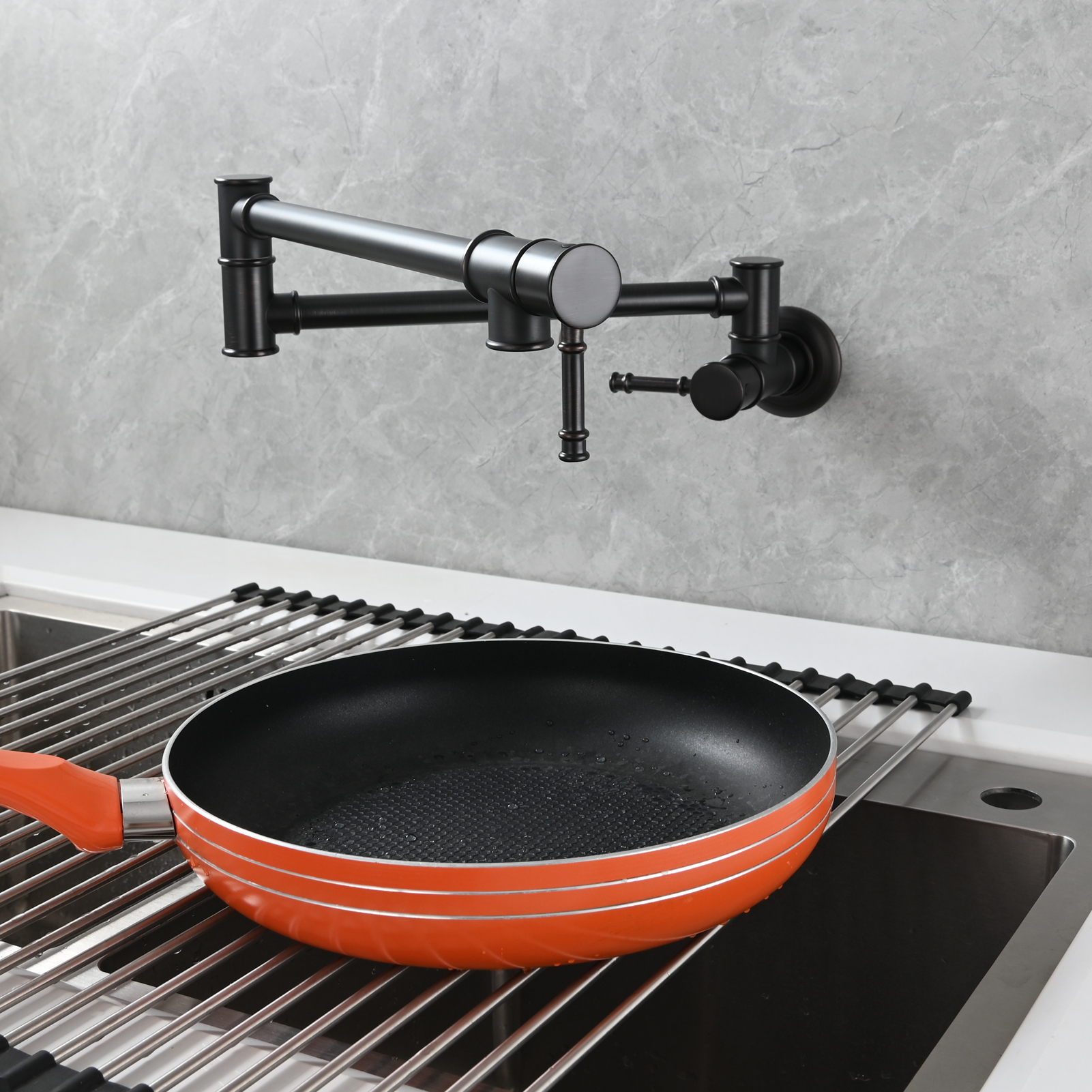 Tecmolog Brass Pot Filler Faucet Wall Mount Kitchen Folding Faucet Double Joint Swing Arms
