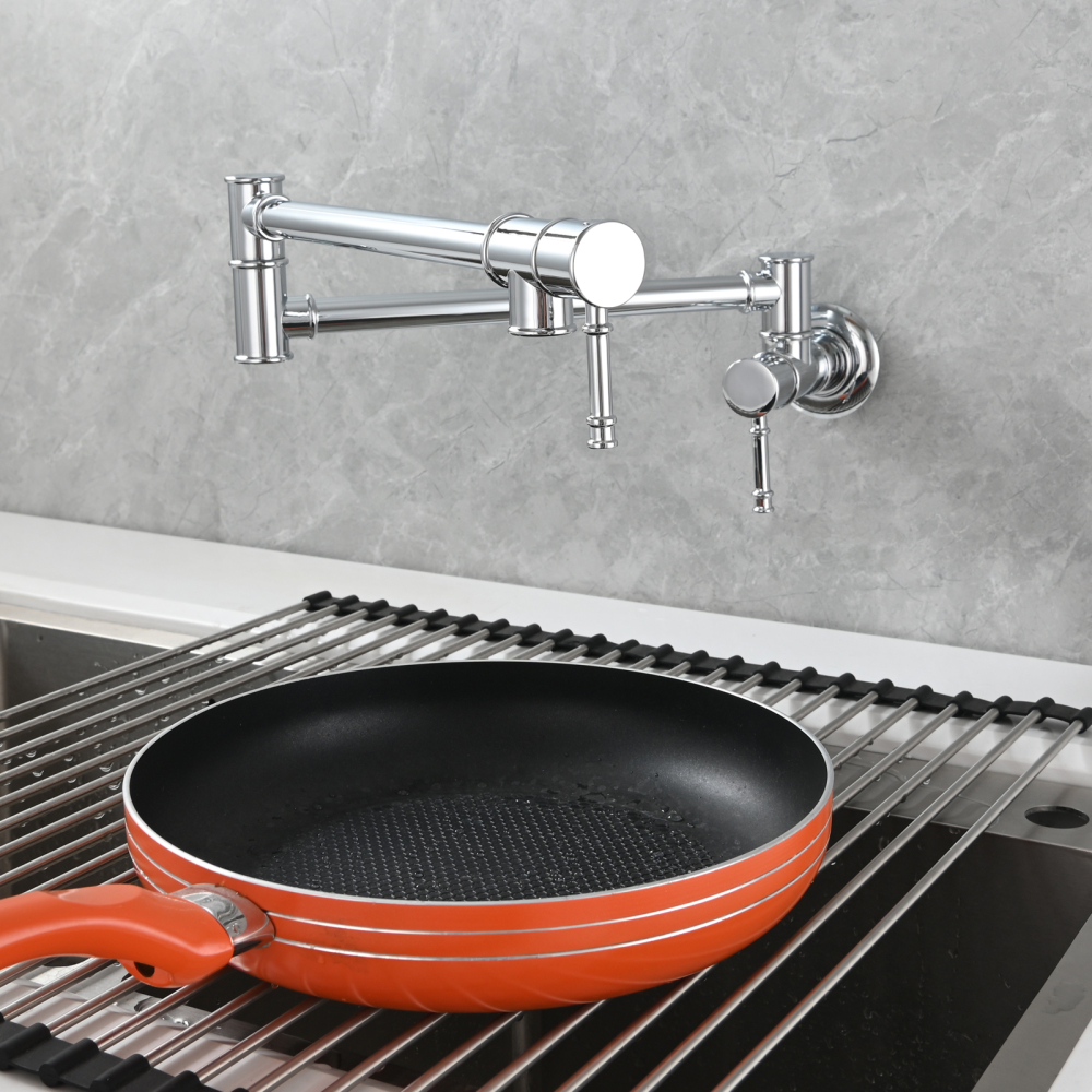 Tecmolog Brass Pot Filler Faucet Wall Mount Kitchen Folding Faucet Double Joint Swing Arms