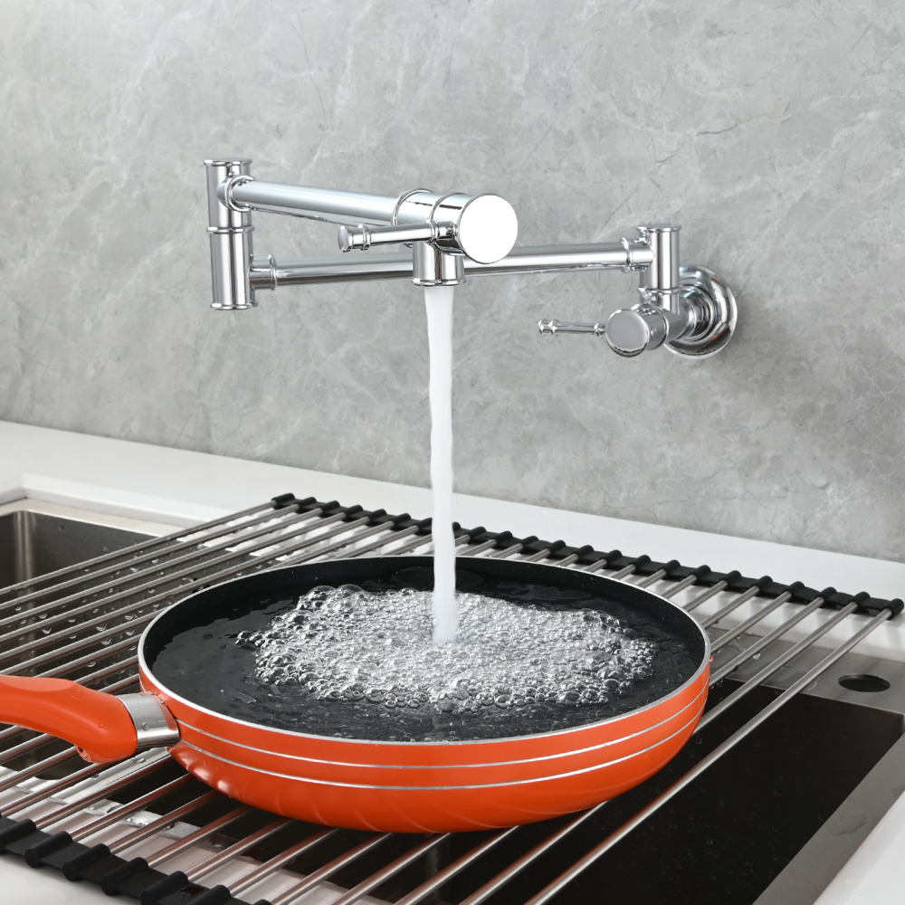 Tecmolog Brass Pot Filler Faucet Wall Mount Kitchen Folding Faucet Double Joint Swing Arms