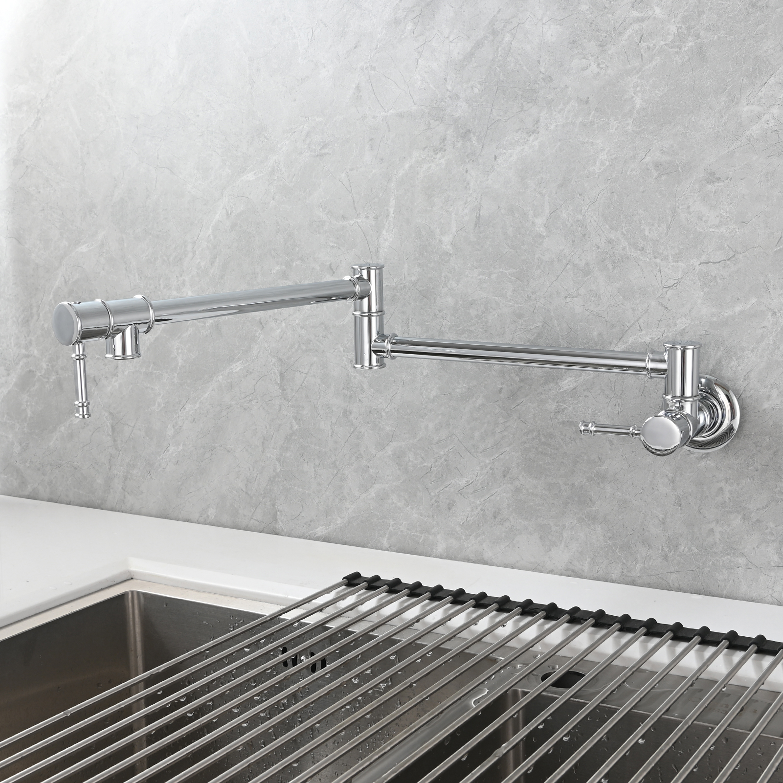 Tecmolog Brass Pot Filler Faucet Wall Mount Kitchen Folding Faucet Double Joint Swing Arms