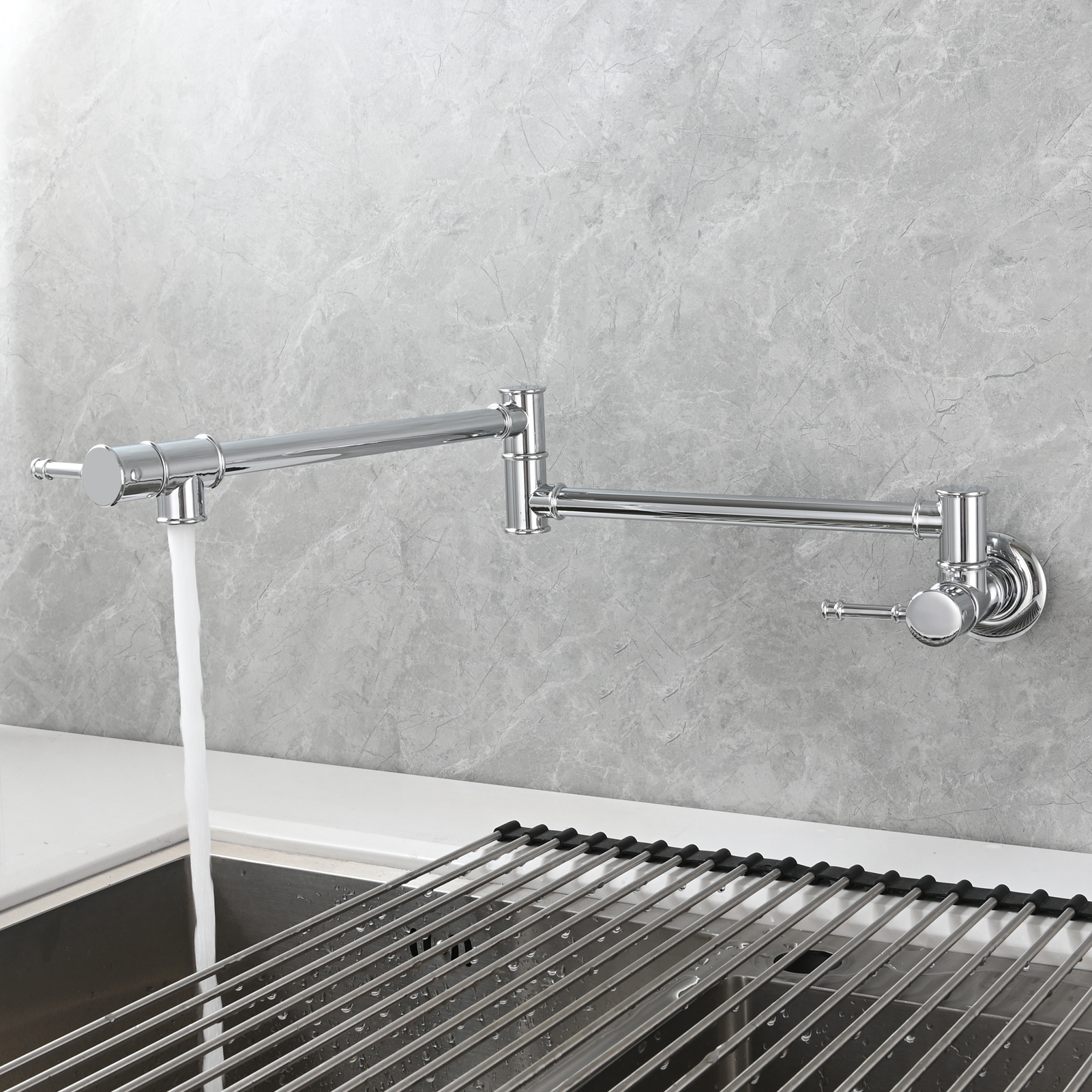 Tecmolog Brass Pot Filler Faucet Wall Mount Kitchen Folding Faucet Double Joint Swing Arms