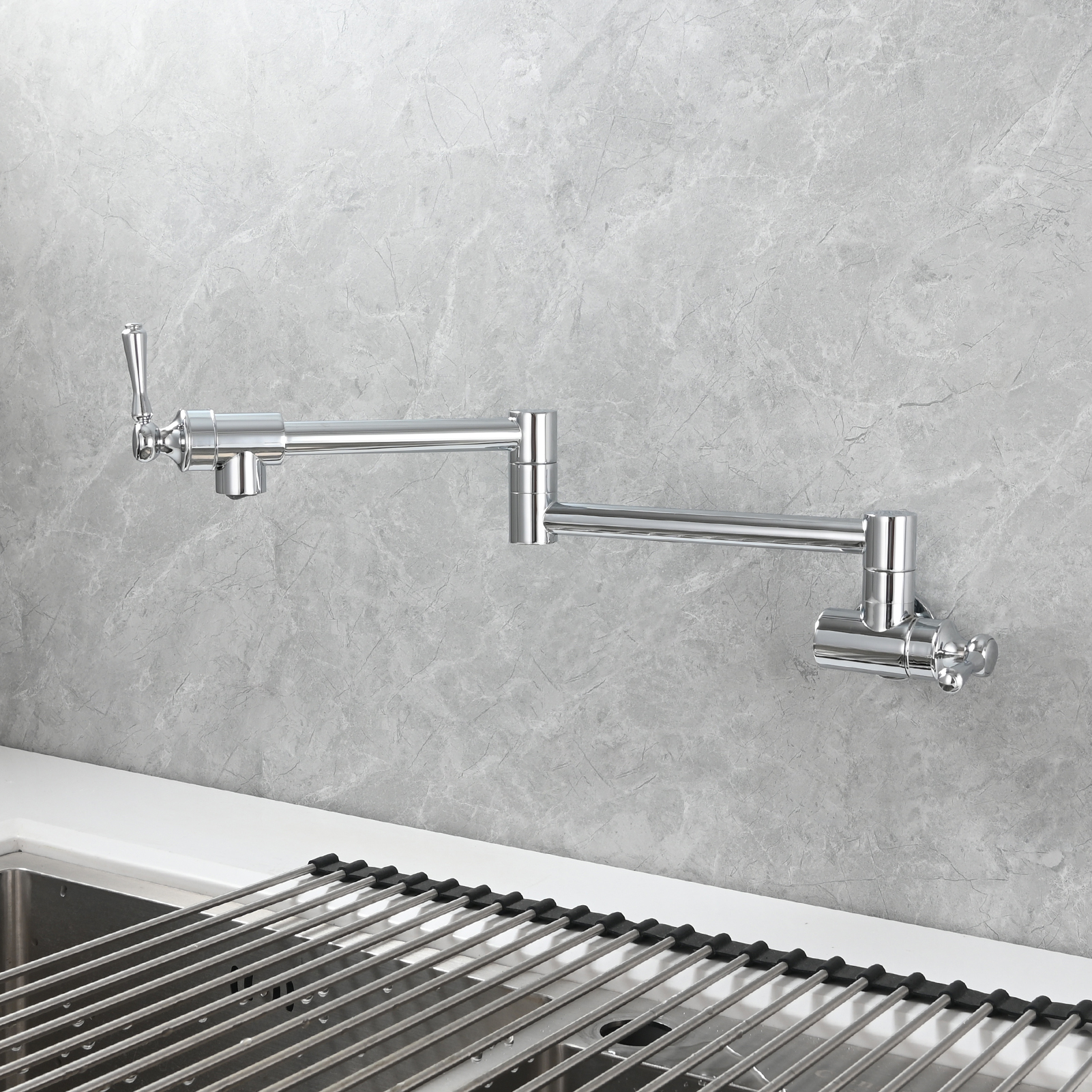 Tecmolog Brass Folding Double Joint Swing Arm Kitchen Faucet Single Hole Two Handles Kitchen Single Cold