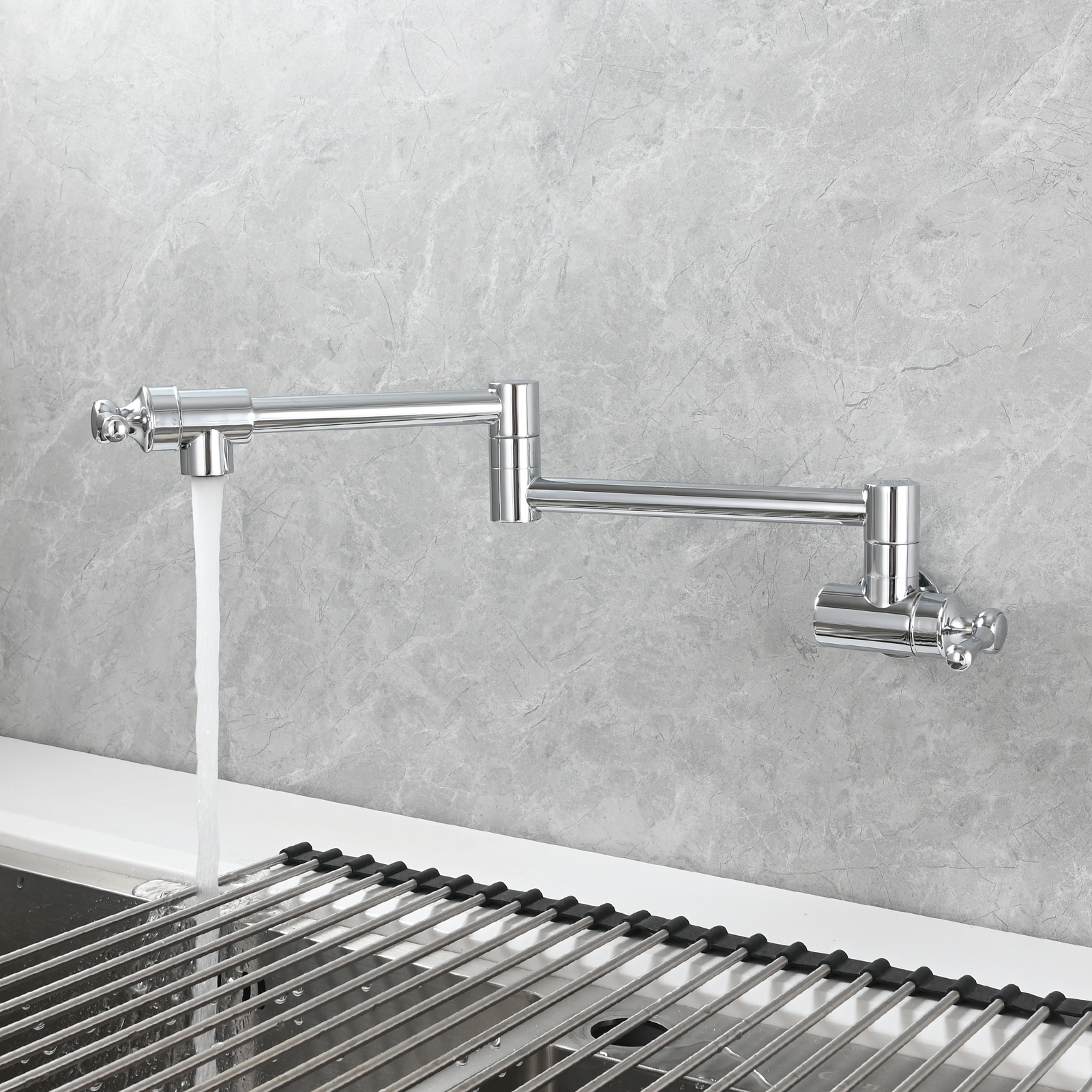 Tecmolog Brass Folding Double Joint Swing Arm Kitchen Faucet Single Hole Two Handles Kitchen Single Cold
