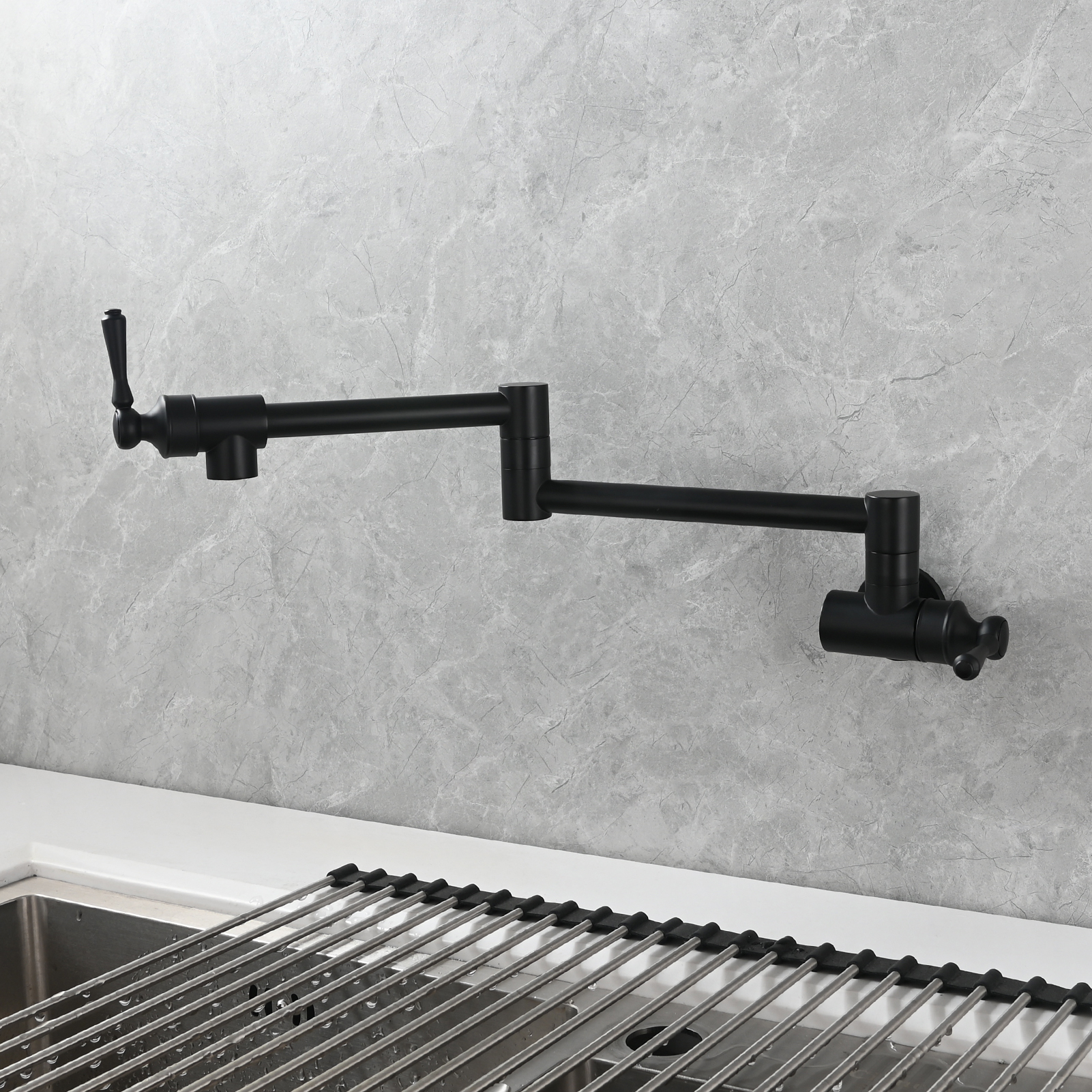 Tecmolog Brass Folding Double Joint Swing Arm Kitchen Faucet Single Hole Two Handles Kitchen Single Cold