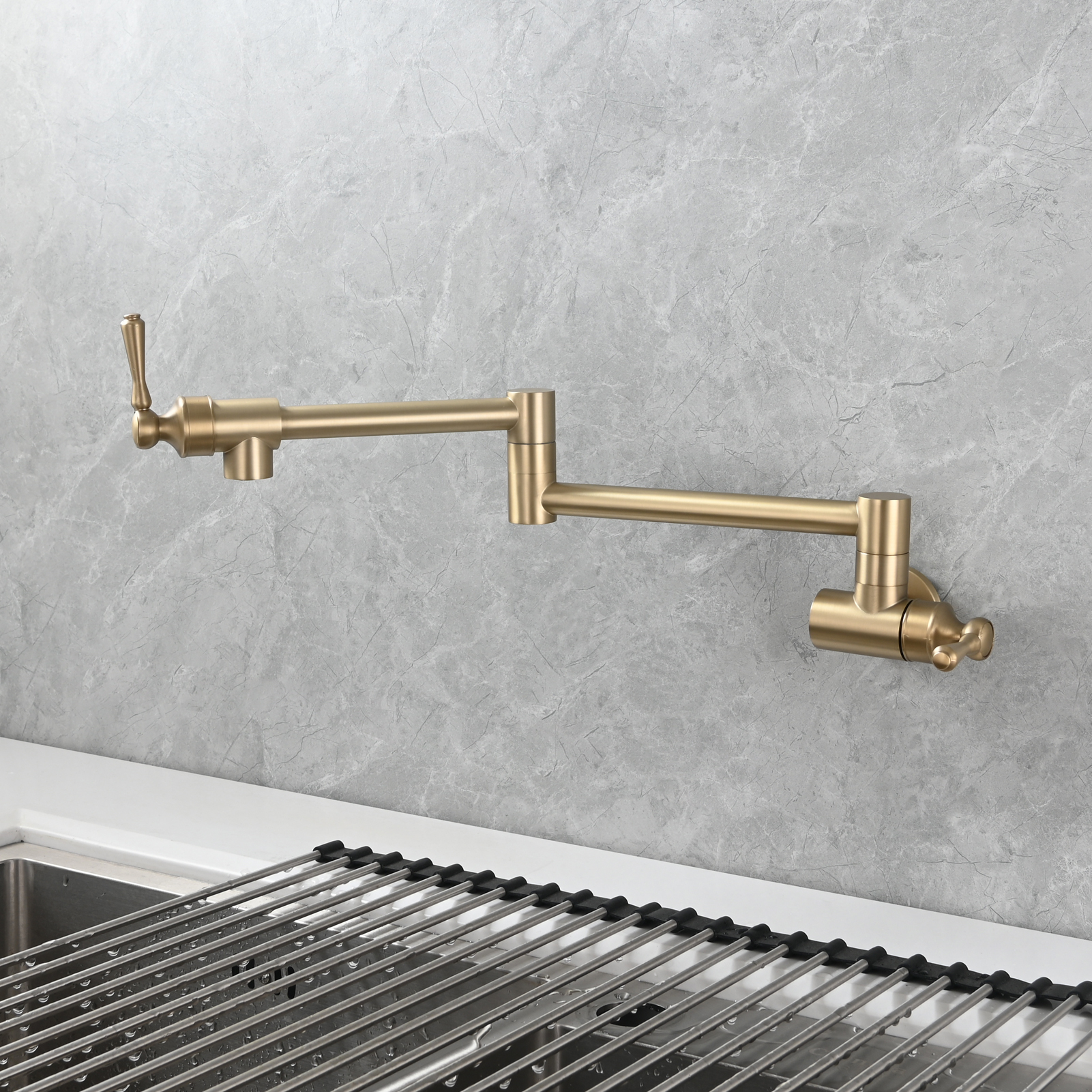Tecmolog Brass Folding Double Joint Swing Arm Kitchen Faucet Single Hole Two Handles Kitchen Single Cold
