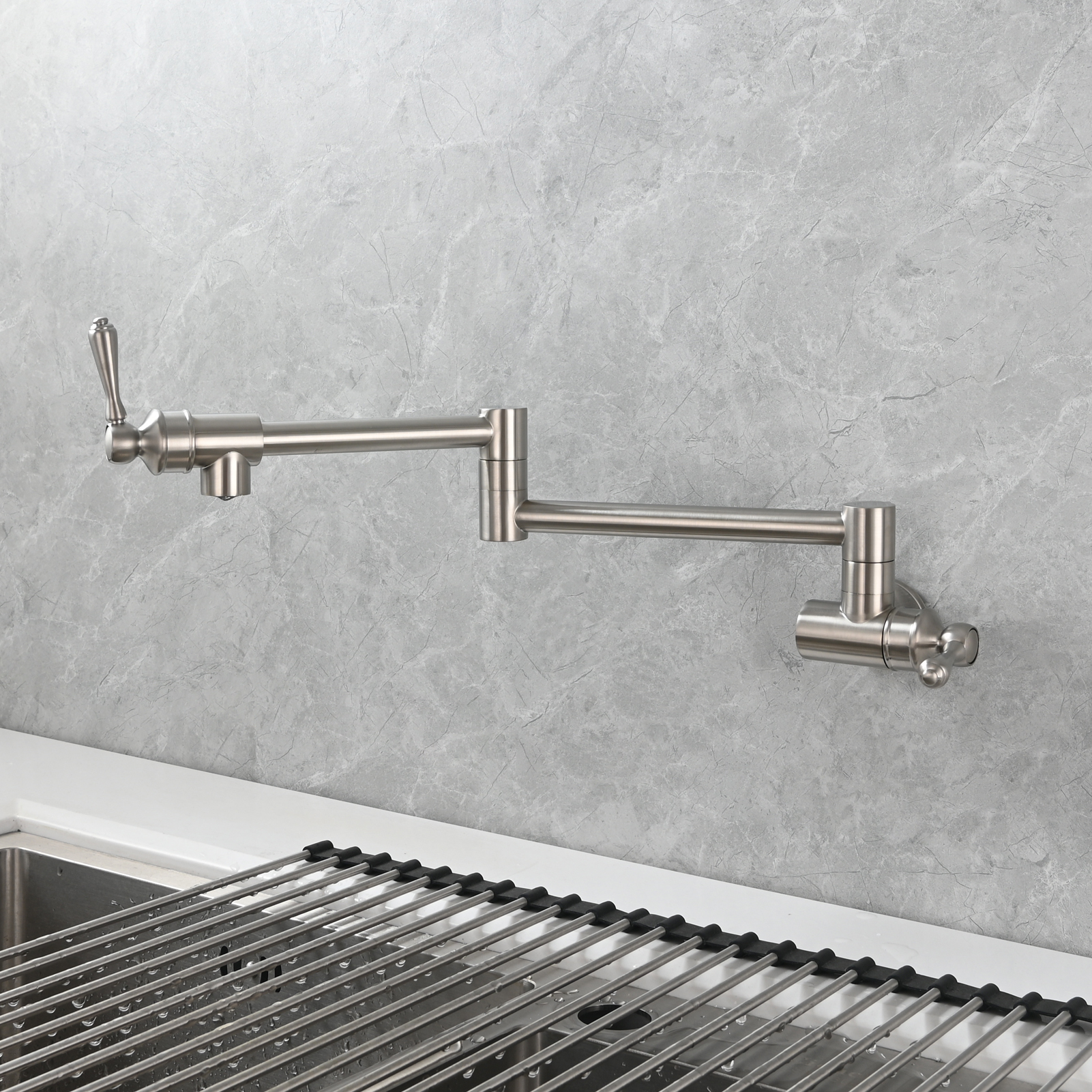 Tecmolog Brass Folding Double Joint Swing Arm Kitchen Faucet Single Hole Two Handles Kitchen Single Cold