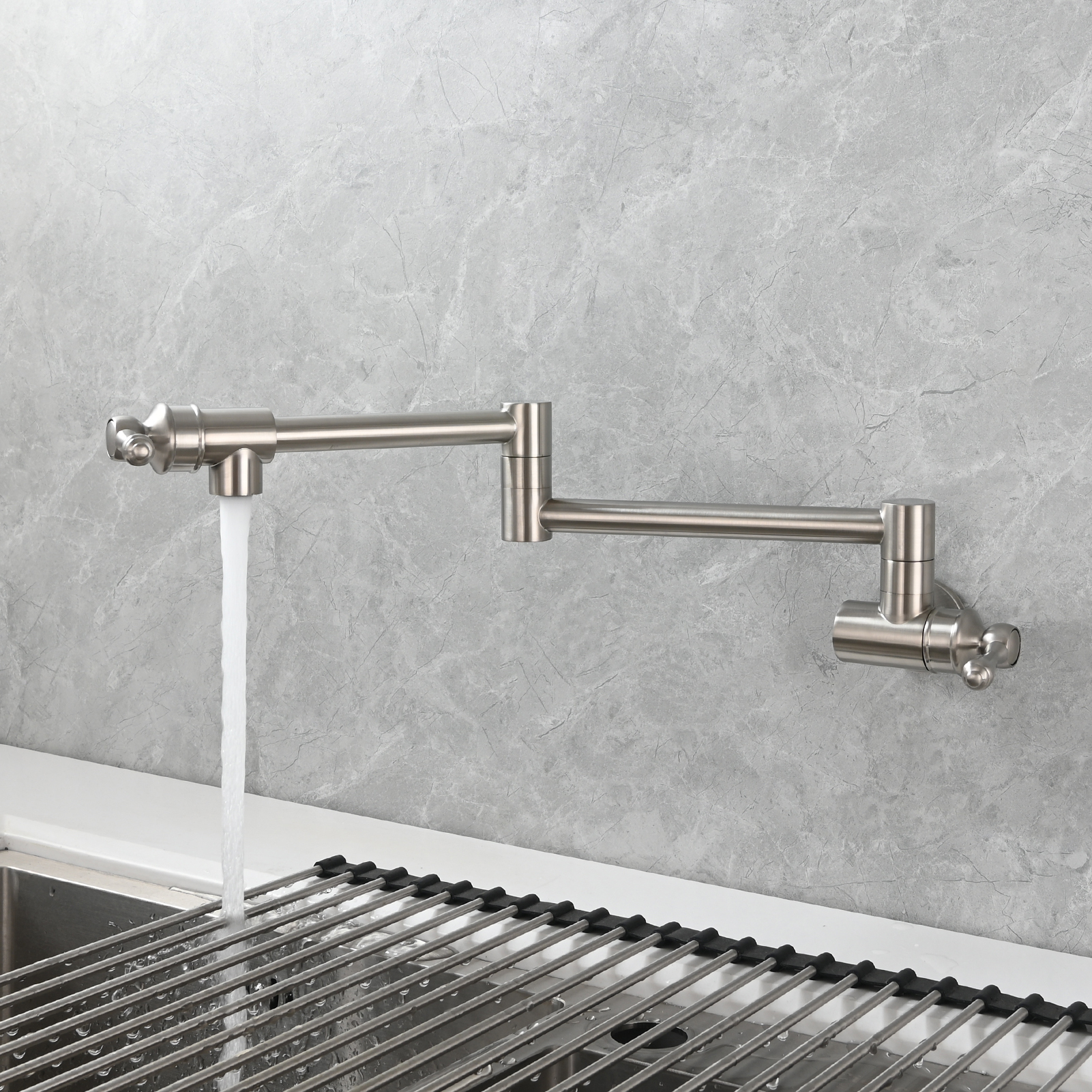 Tecmolog Brass Folding Double Joint Swing Arm Kitchen Faucet Single Hole Two Handles Kitchen Single Cold