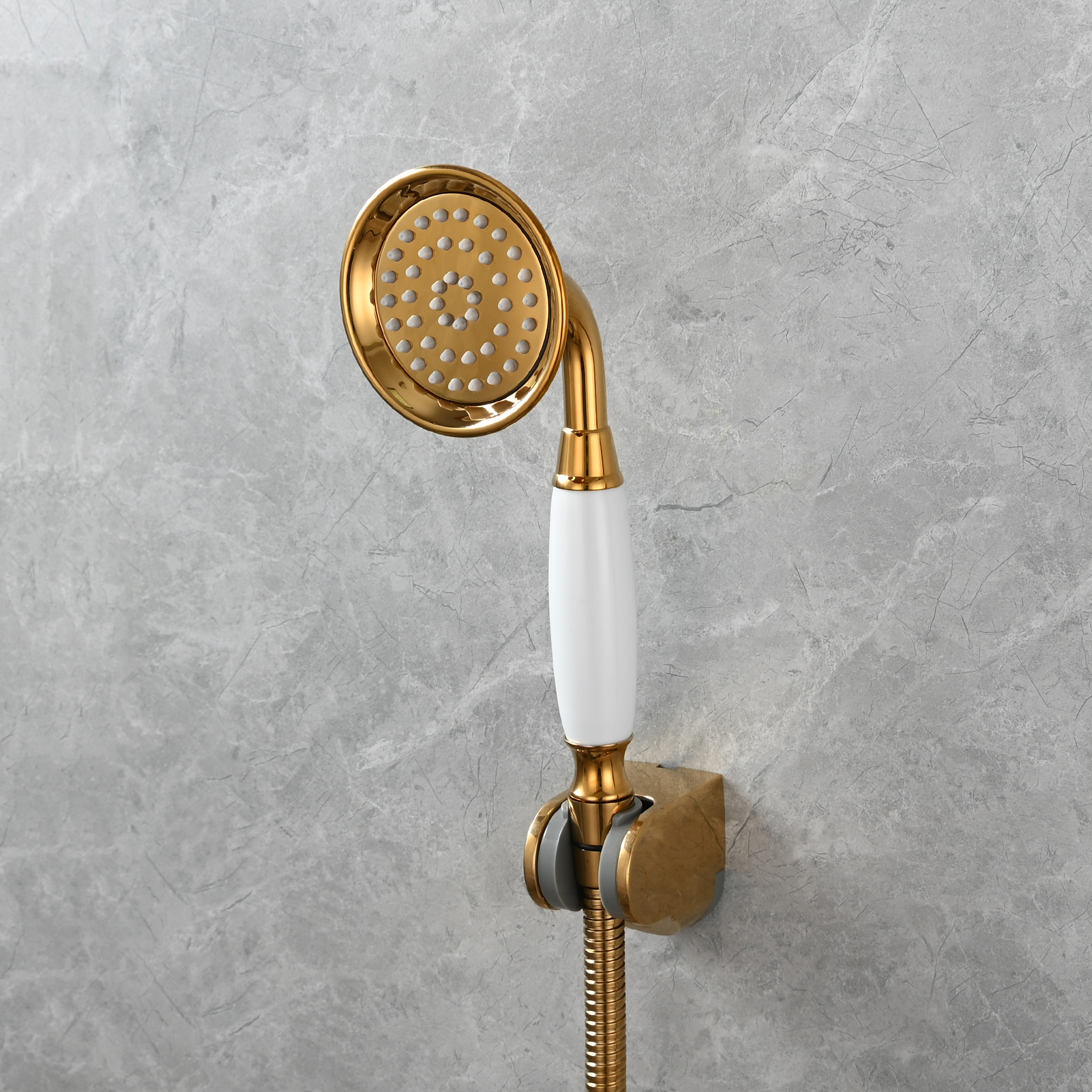 Tecmolog Brass PVD Gold Telephone Shower Head/Showee Set, Water Saving Handheld Shower Sprayer with 59" Shower Hose and Holder