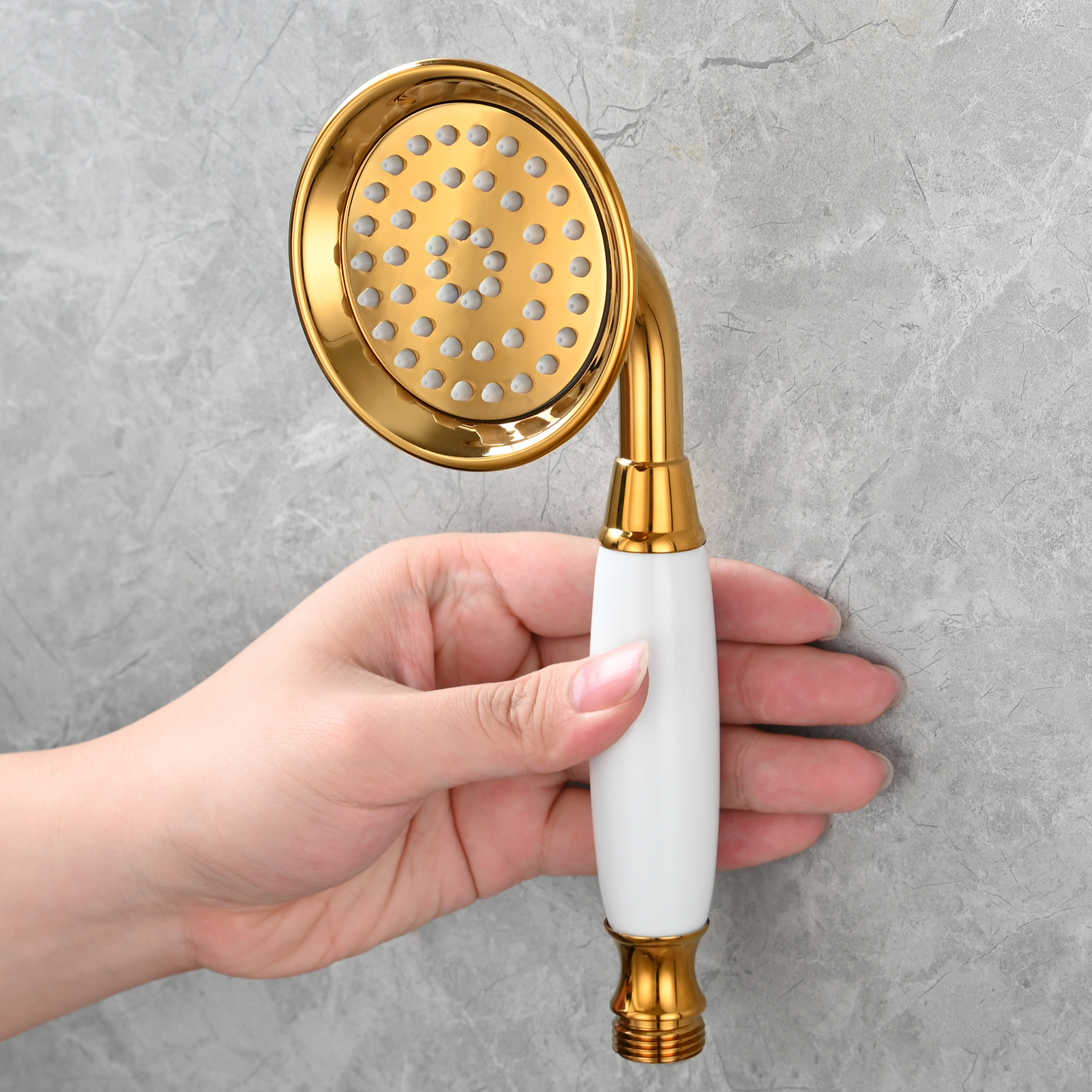 Tecmolog Brass PVD Gold Telephone Shower Head/Showee Set, Water Saving Handheld Shower Sprayer with 59" Shower Hose and Holder