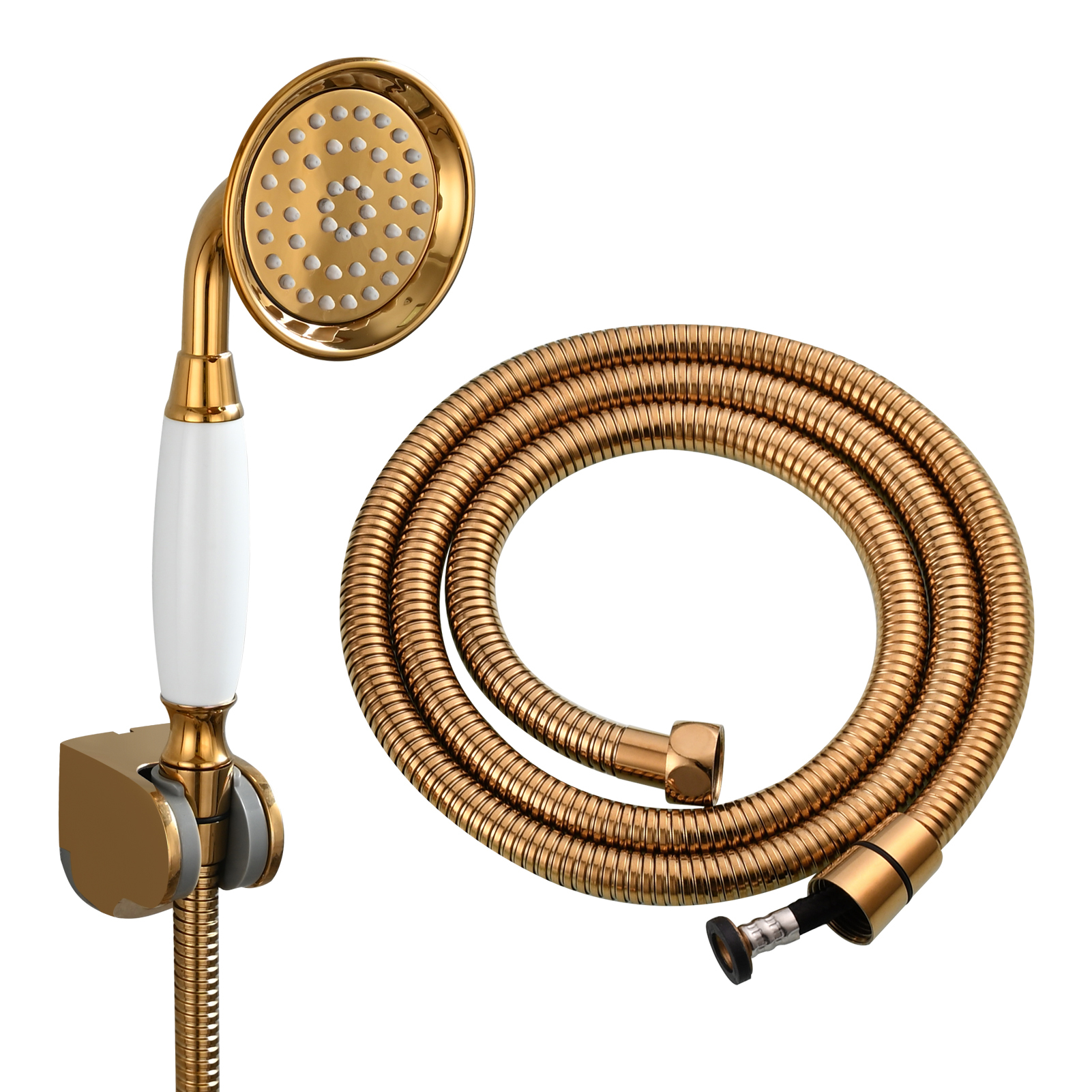 Tecmolog Brass PVD Gold Telephone Shower Head/Showee Set, Water Saving Handheld Shower Sprayer with 59" Shower Hose and Holder