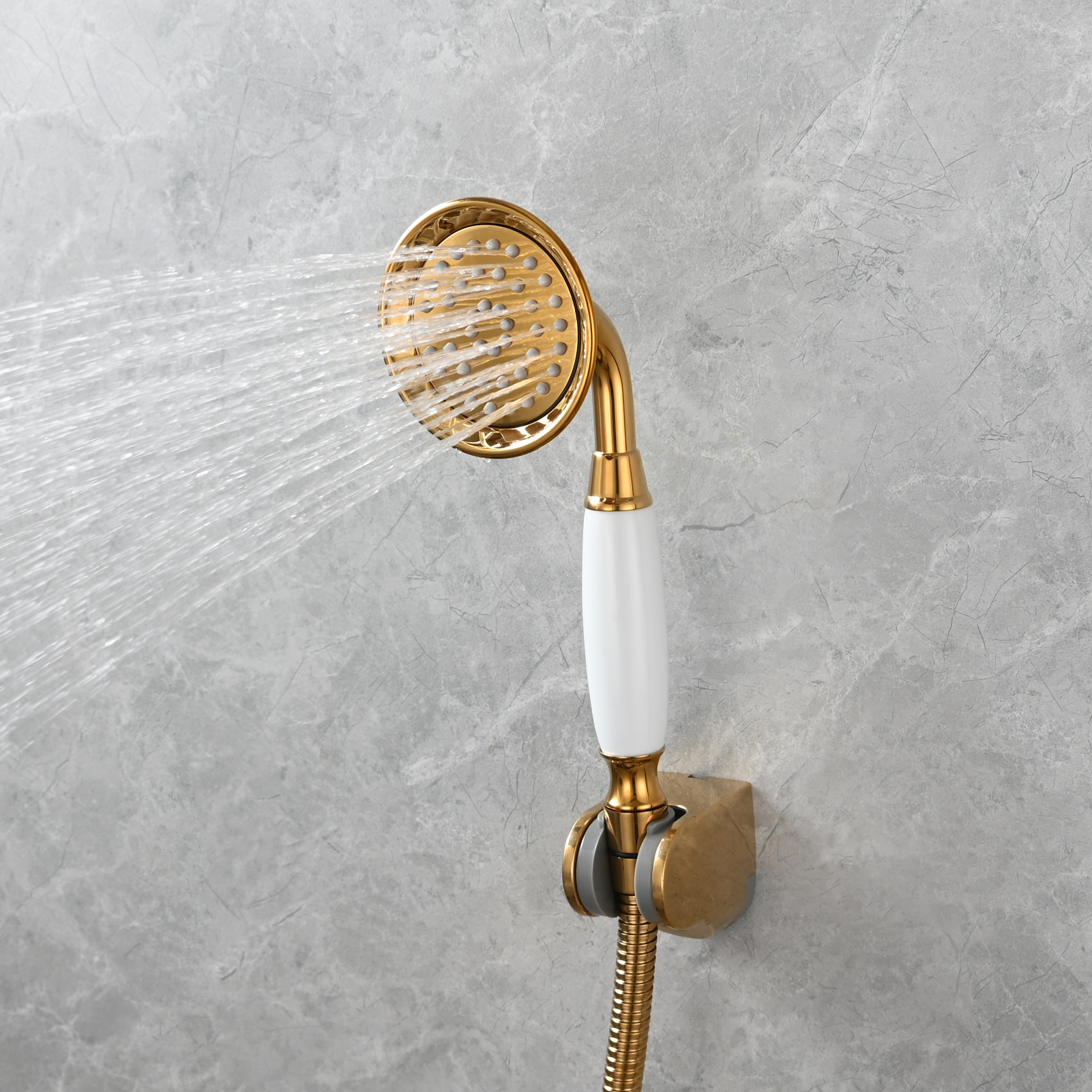 Tecmolog Brass PVD Gold Telephone Shower Head/Showee Set, Water Saving Handheld Shower Sprayer with 59" Shower Hose and Holder