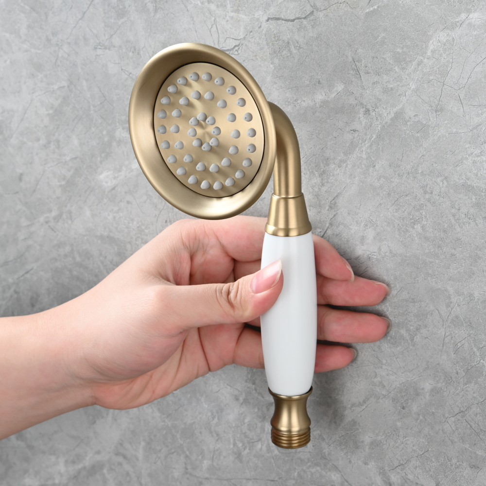 Tecmolog Brass PVD Gold Telephone Shower Head/Showee Set, Water Saving Handheld Shower Sprayer with 59" Shower Hose and Holder