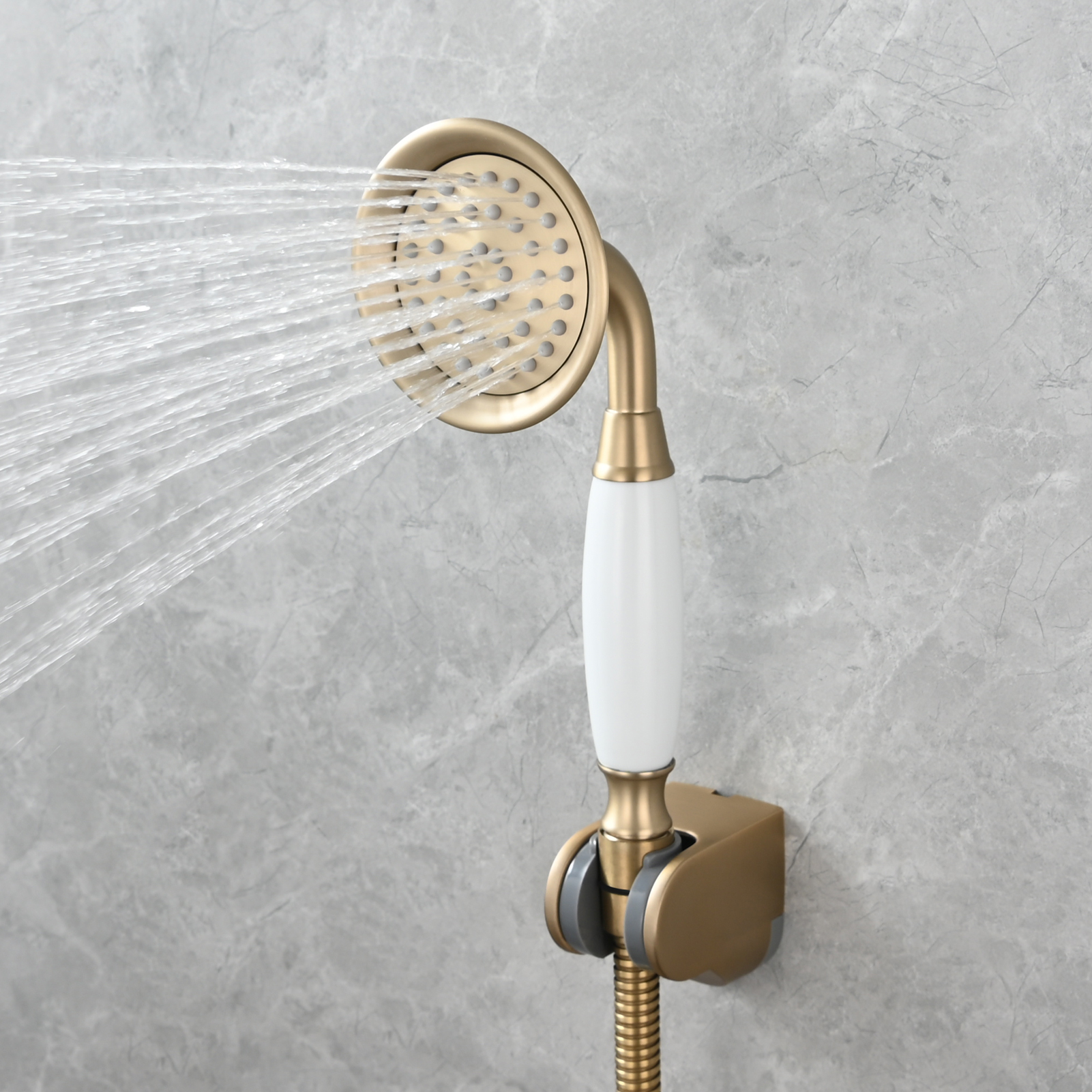 Tecmolog Brass PVD Gold Telephone Shower Head/Showee Set, Water Saving Handheld Shower Sprayer with 59" Shower Hose and Holder