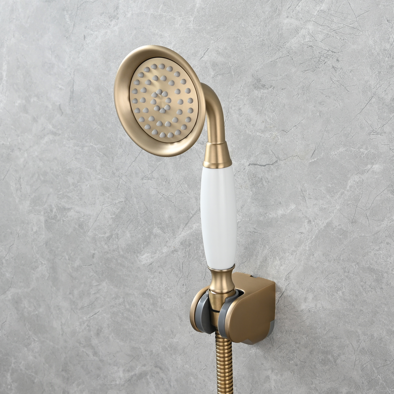 Tecmolog Brass PVD Gold Telephone Shower Head/Showee Set, Water Saving Handheld Shower Sprayer with 59" Shower Hose and Holder