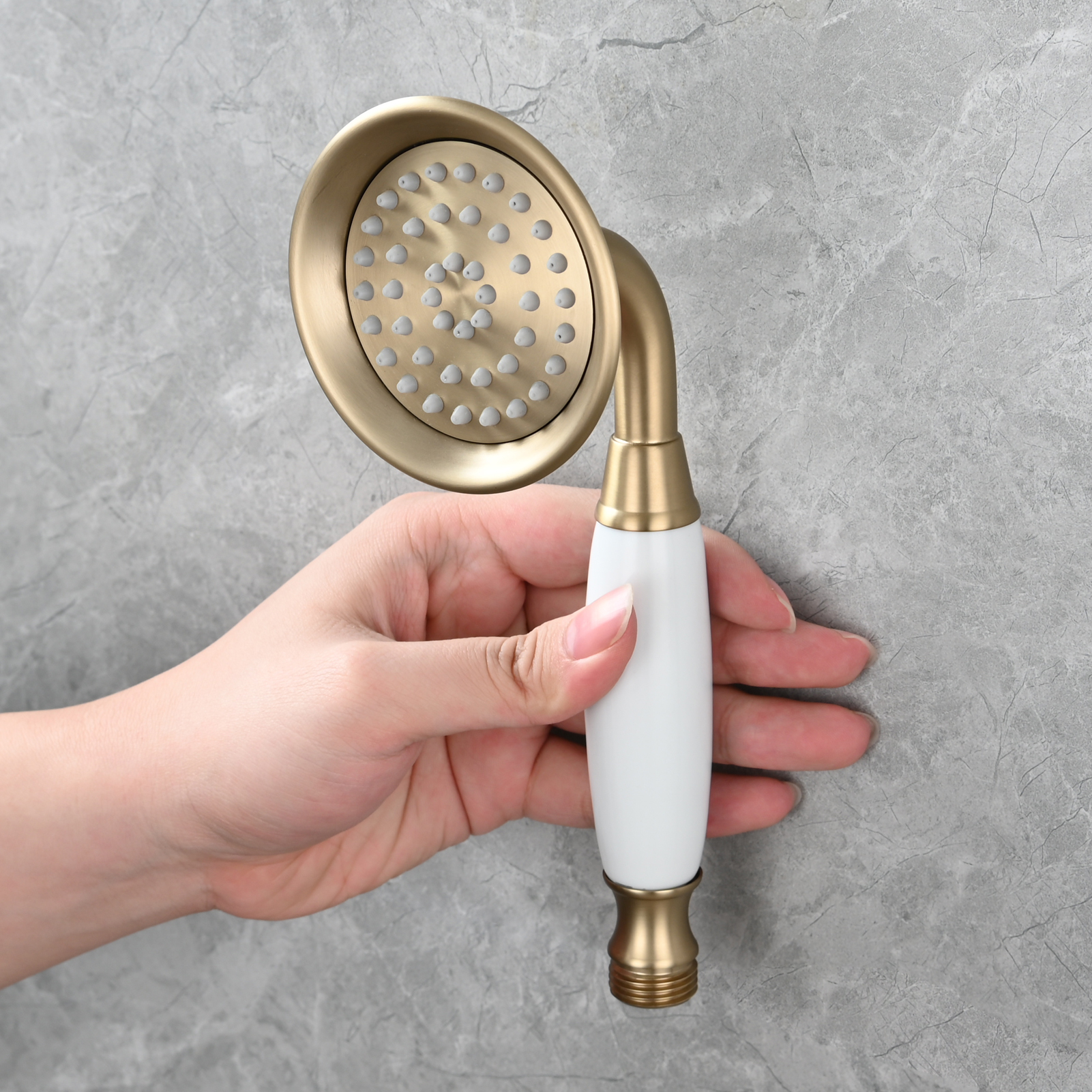 Tecmolog Brass PVD Gold Telephone Shower Head/Showee Set, Water Saving Handheld Shower Sprayer with 59" Shower Hose and Holder