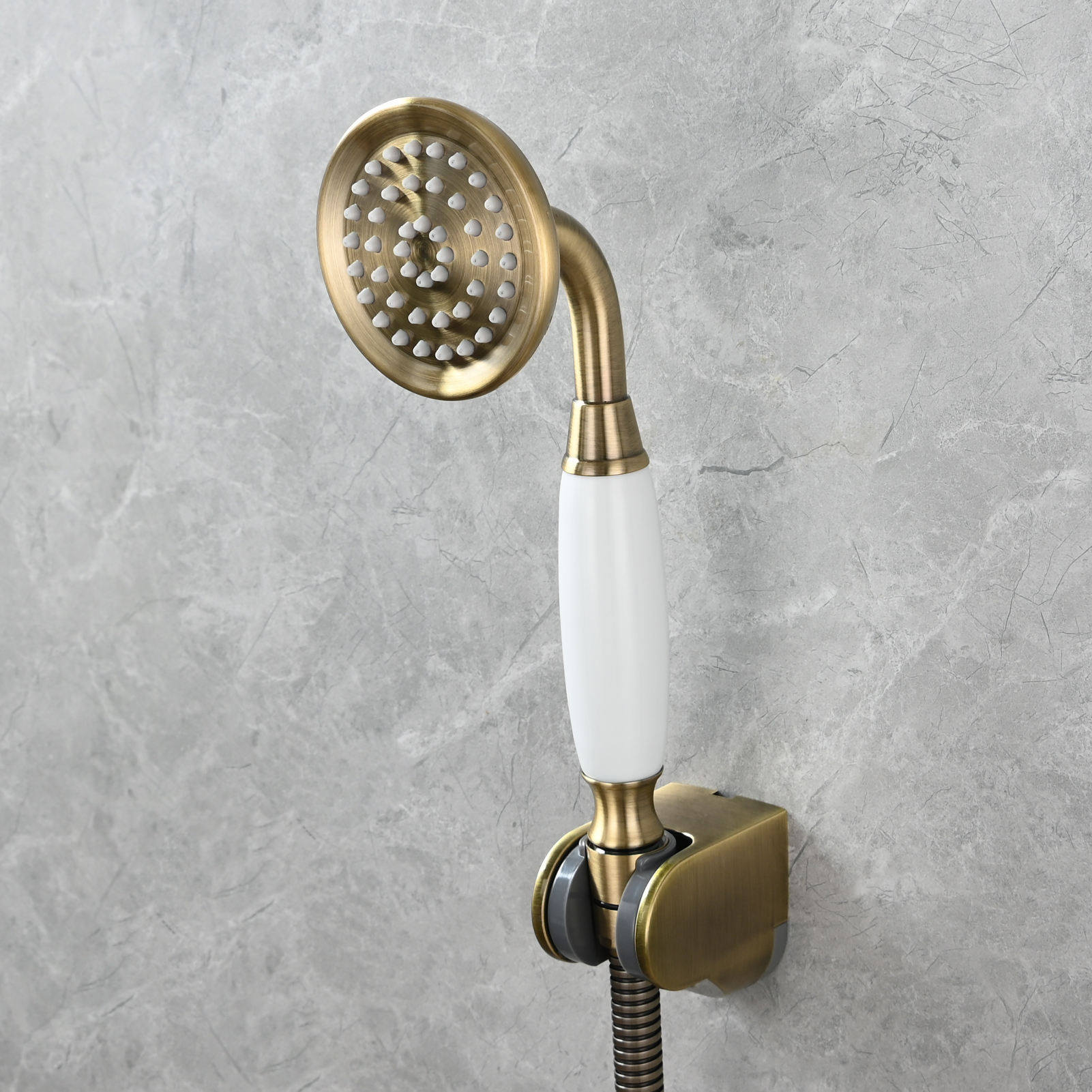 Tecmolog Brass PVD Gold Telephone Shower Head/Showee Set, Water Saving Handheld Shower Sprayer with 59" Shower Hose and Holder