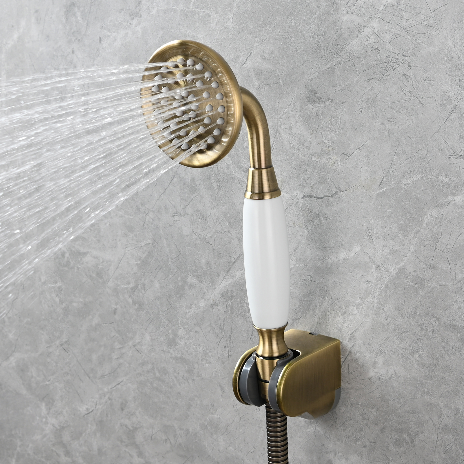 Tecmolog Brass PVD Gold Telephone Shower Head/Showee Set, Water Saving Handheld Shower Sprayer with 59" Shower Hose and Holder