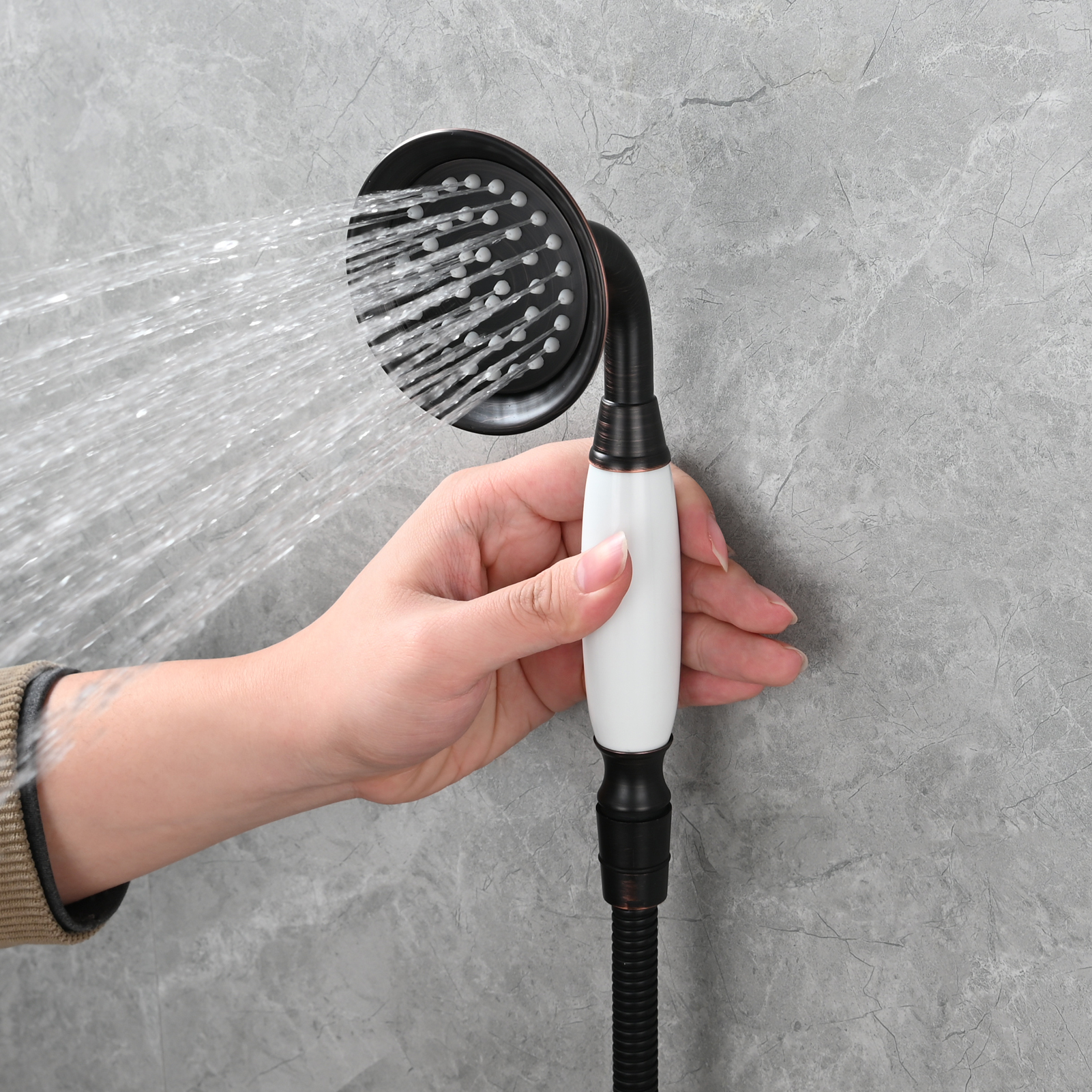 Tecmolog Brass PVD Gold Telephone Shower Head/Showee Set, Water Saving Handheld Shower Sprayer with 59" Shower Hose and Holder