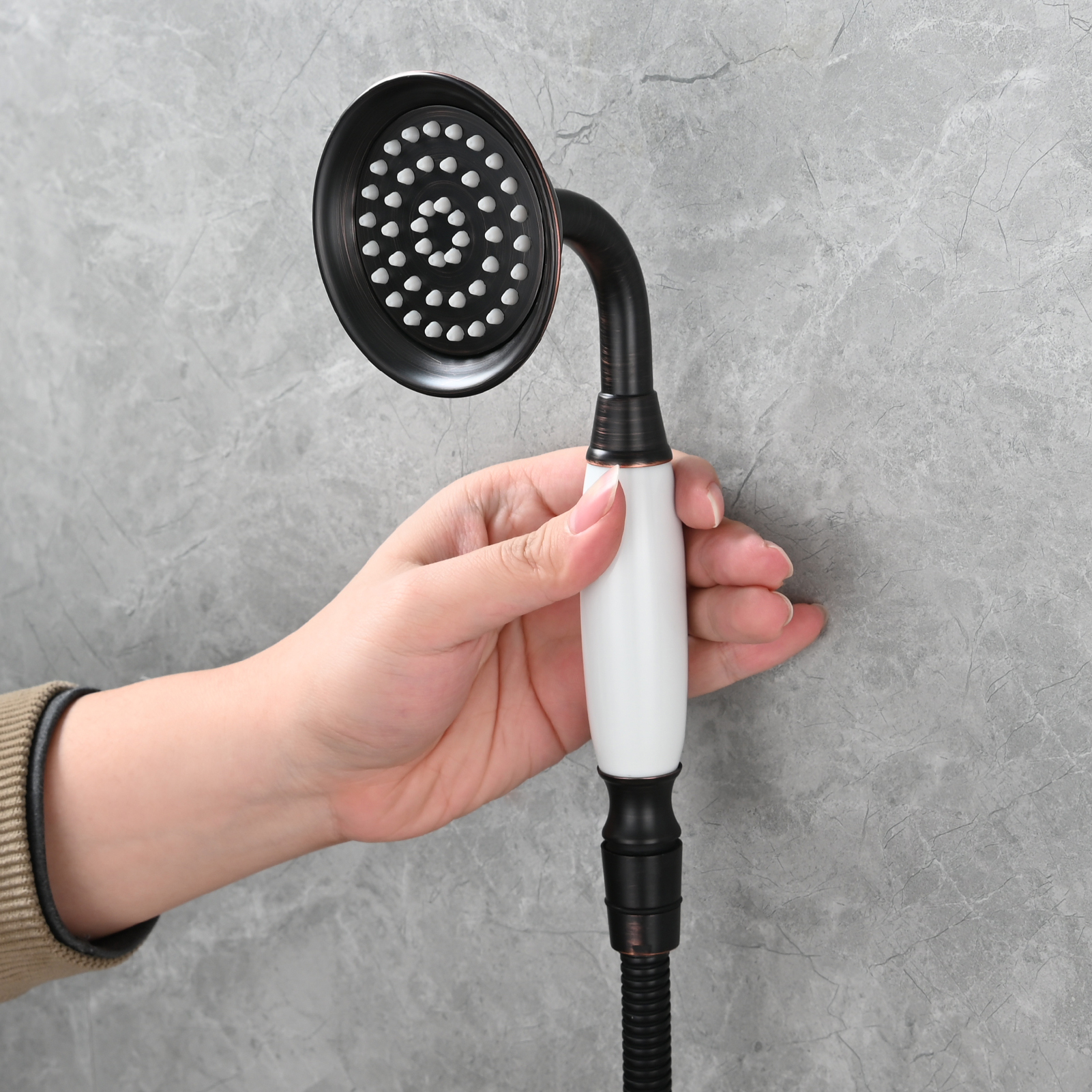 Tecmolog Brass PVD Gold Telephone Shower Head/Showee Set, Water Saving Handheld Shower Sprayer with 59" Shower Hose and Holder