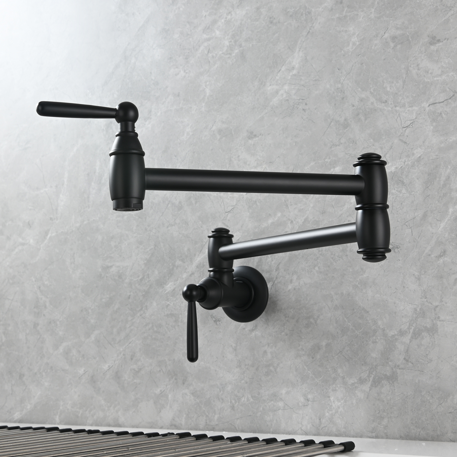 Tecmolog Brass Pot Filler Folding Wall Mount Faucet with Double Joint Swing Arm Single Hole Faucet