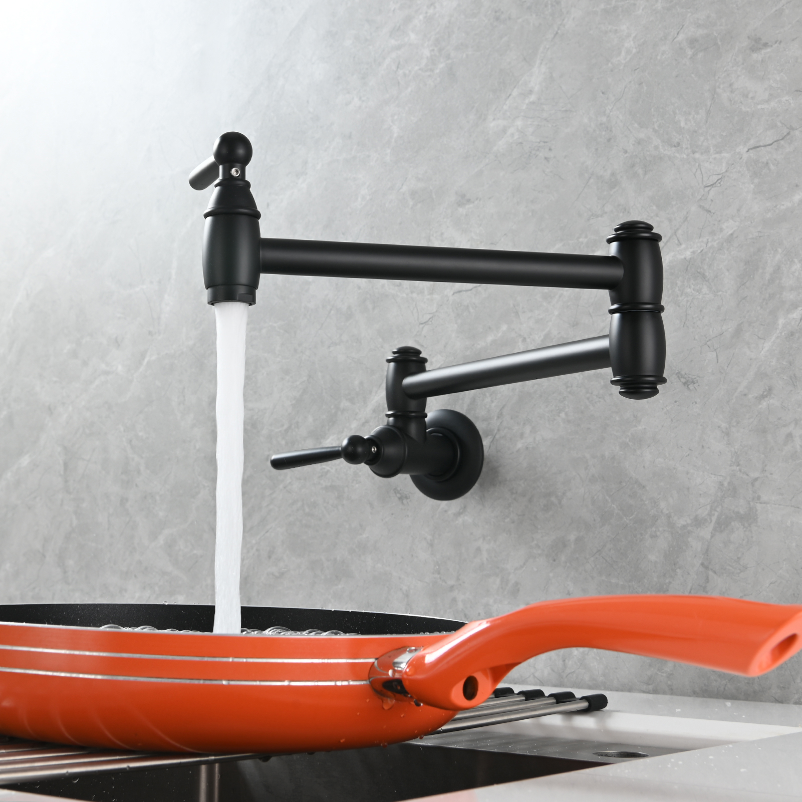 Tecmolog Brass Pot Filler Folding Wall Mount Faucet with Double Joint Swing Arm Single Hole Faucet