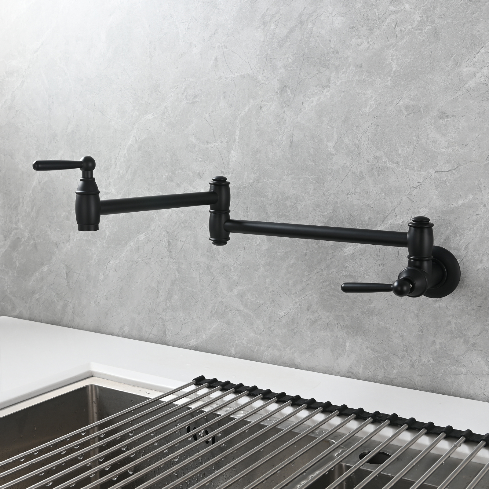 Tecmolog Brass Pot Filler Folding Wall Mount Faucet with Double Joint Swing Arm Single Hole Faucet
