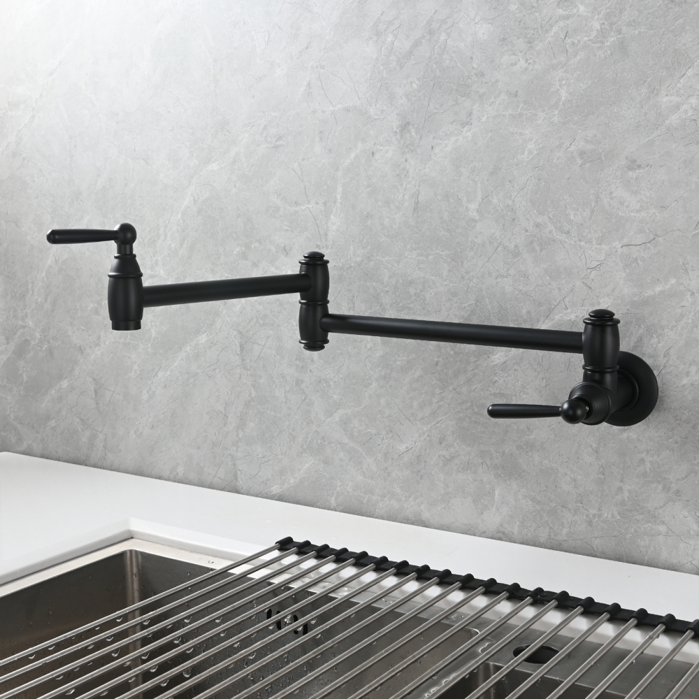 Tecmolog Brass Pot Filler Folding Wall Mount Faucet with Double Joint Swing Arm Single Hole Faucet